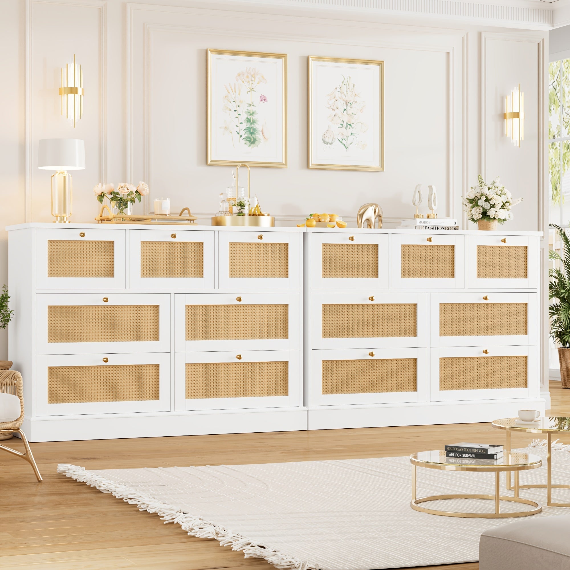 1pc Modern White Rattan Dresser with 7 Drawers - Wall Mount No Wood Electricity-Free Spacious Closed Storage <3.2 Cubic