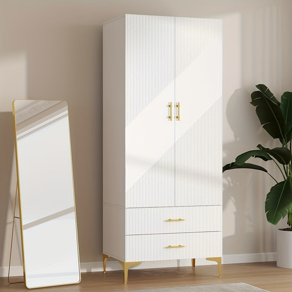 Wood White Wardrobe Closet With Drawers: 2 Doors - 2 Drawers And Armoire With Hanging 1 Rod - Cabinet Handle With Metal Legs - Tall Wardrobe Closet With 20.4" D X 31.5" W X 76.8" H