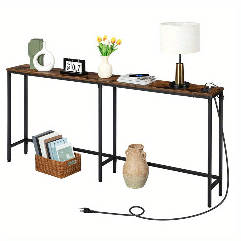 70.9 Inches Console Table with 2 Power Outlets and 2 USB Ports, Extra Long Entryway Table with Charging Station, Narrow Sofa Table Behind Couch, Hallway, Living Room