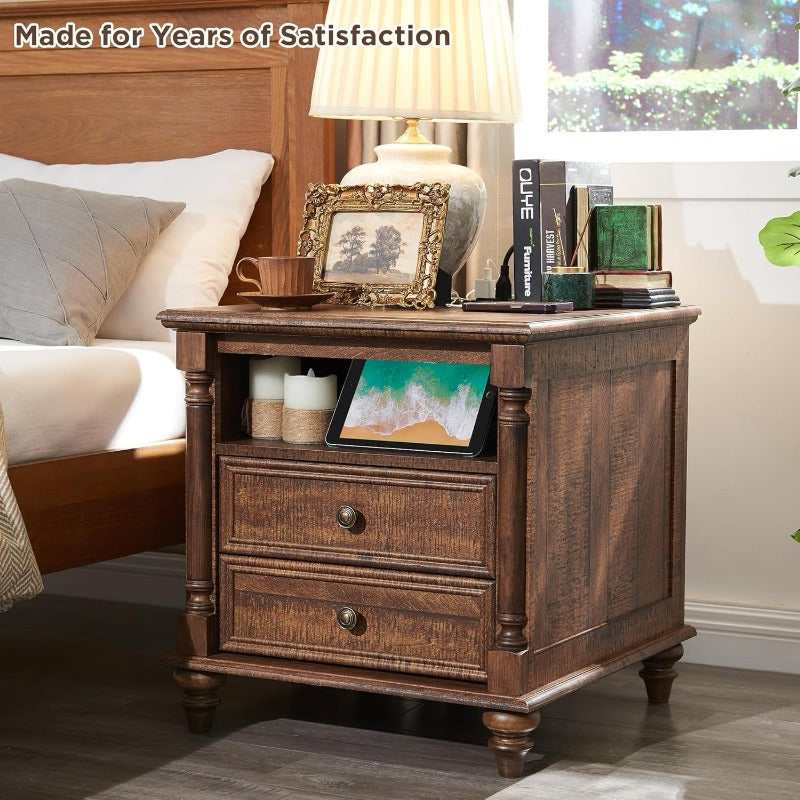 1pc 24-Inch Vintage Farmhouse End Table - Hardwood & Artificial Board Nightstand with 4 Solid Wood Legs, 2 Smooth-Gliding Drawers, Charging Station, and Deep Open Cubby for Living Room, Bedroom, or Office - US Plug,