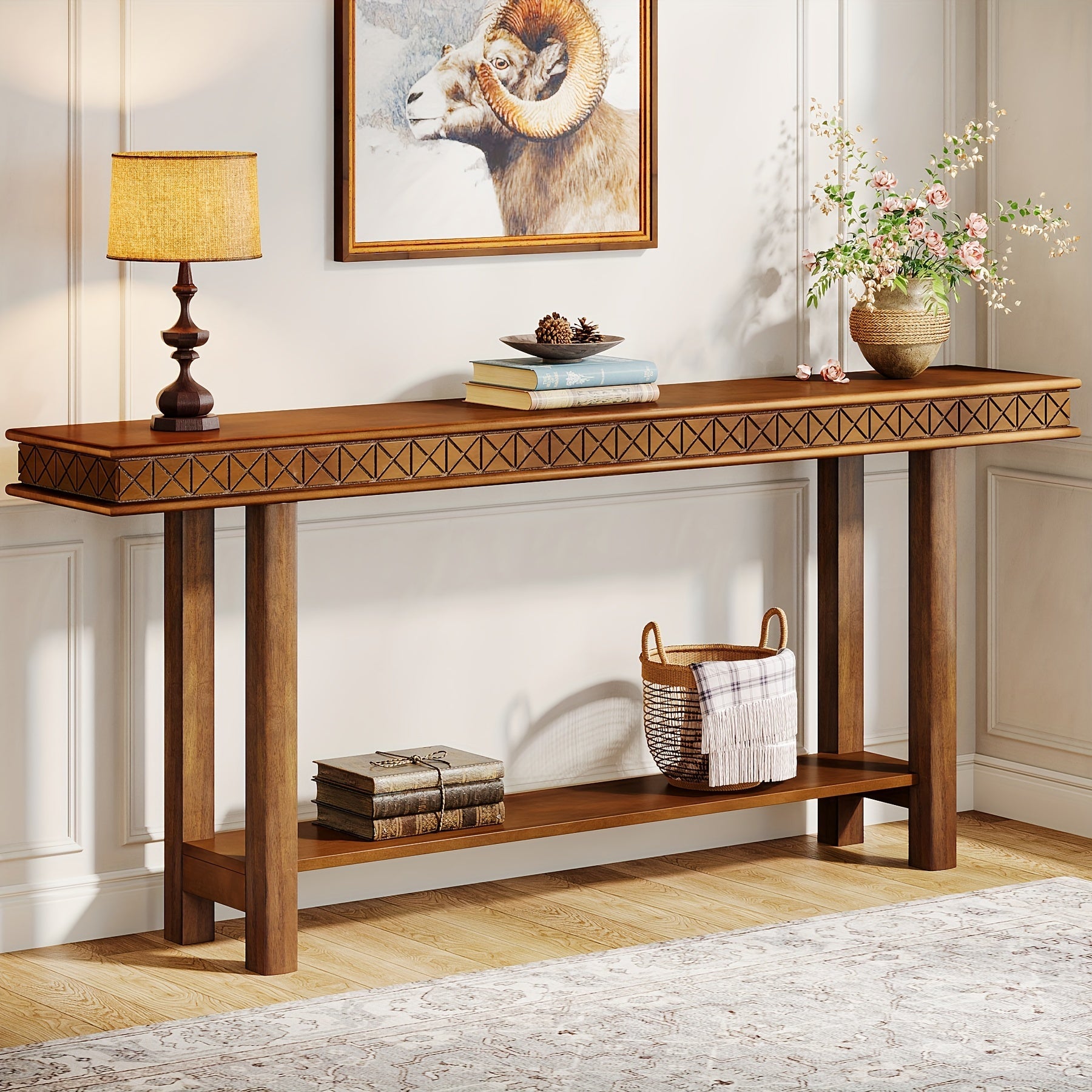 70.9-Inch Extra Long Console Table, Wood Sofa Table Behind Couch Narrow Long, 2-Tier Entryway Accent Table with Storage for Living Room, Hallway, Entrance, Foyer