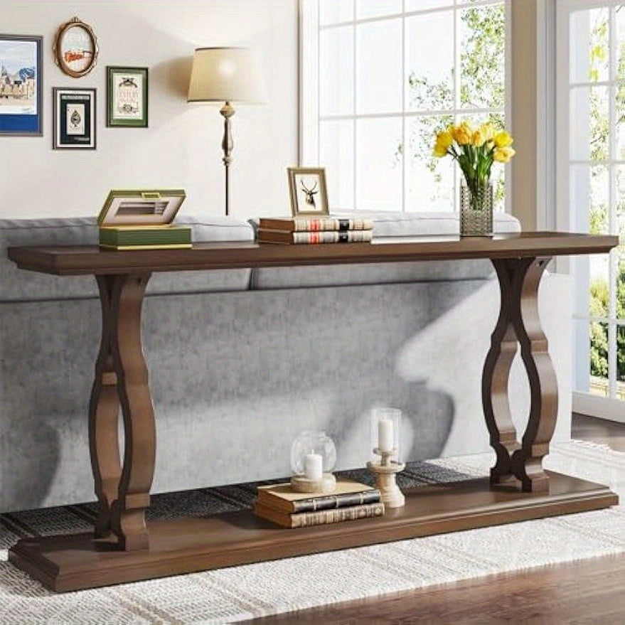 Extra Long Sofa Table Behind Couch, Wood Narrow 2-Tier Entry Console Table with Geometric Shape, Accent Entryway Table Open Storage Shelves, Hallway, Living Room