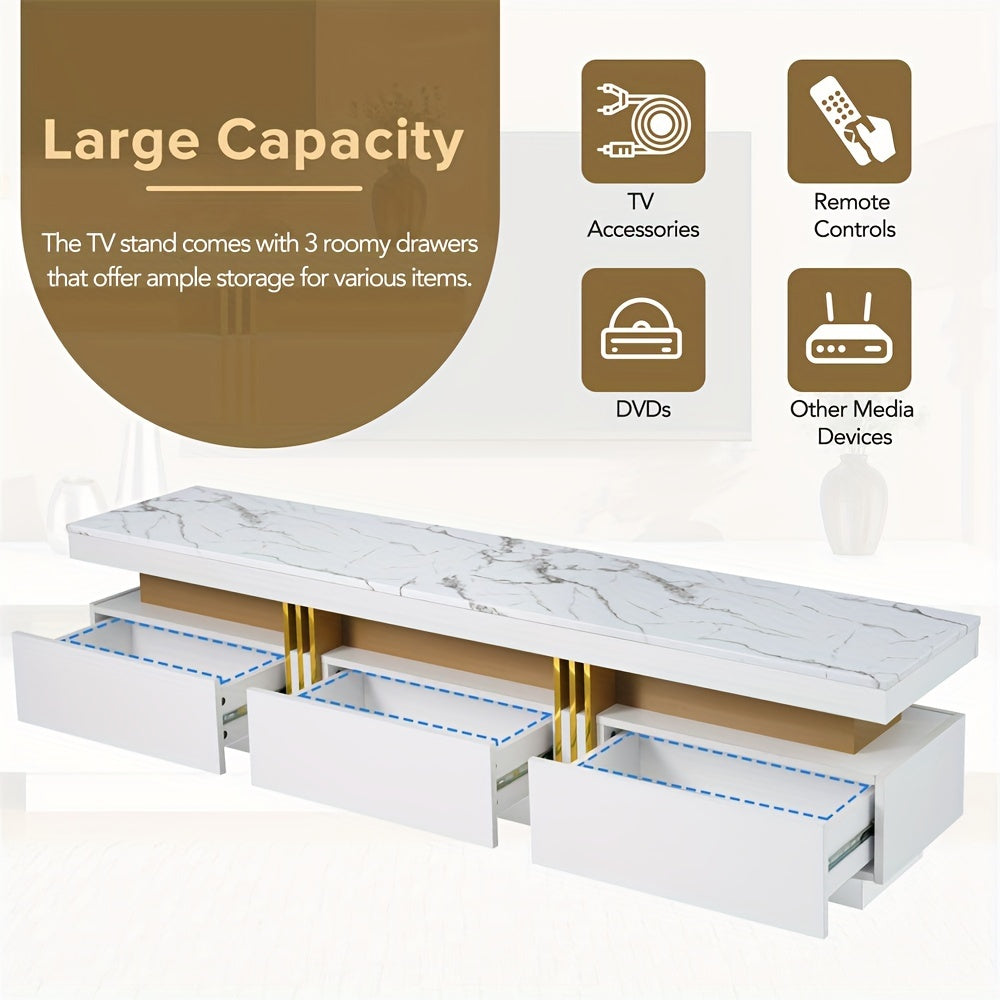 TV Stand with High Gloss Faux Marble Top for TVs Up to 78'', Rectangle Media Console with Golden Panel Design, Practical Entertainment Center with 3 Drawers for Living Room