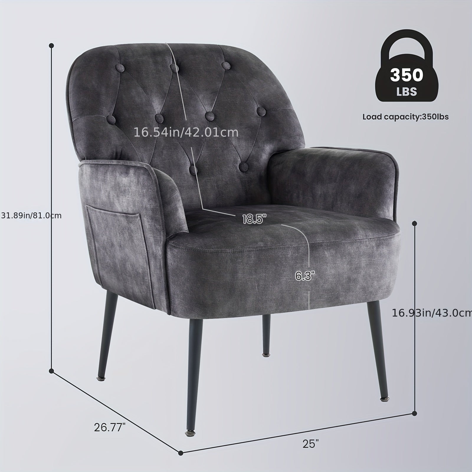 Accent Chair For Living Room, Button Velent Armchair, Single Sofa Chair With Arms, Metal Legs, Side Corner Chair For Bedroom Reading