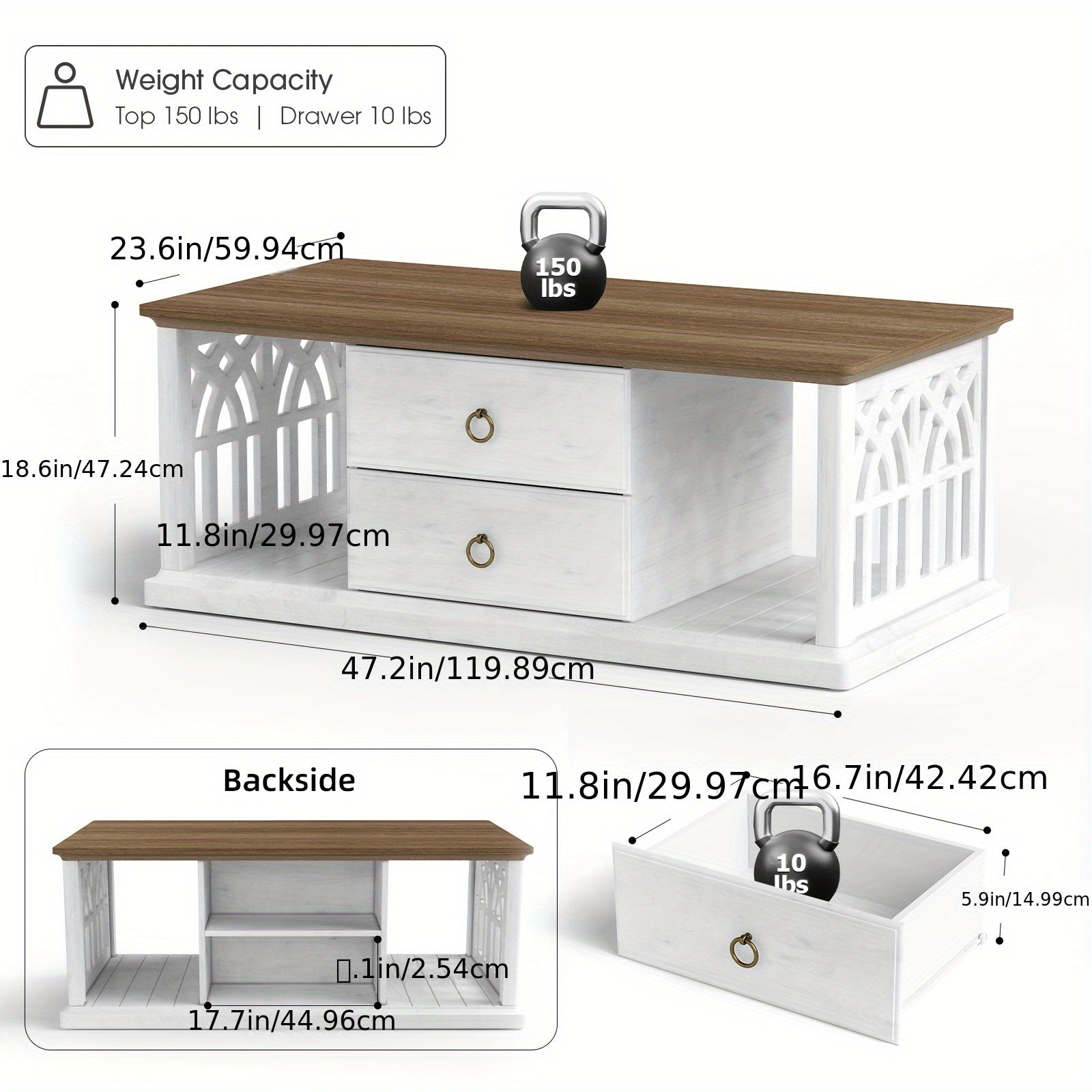 1pc Mid Century Modern Farmhouse Coffee Table - 47" Rectangular Wooden Center Table with White Finish, Engineered Wood Frame, MDF Top, Space-Saving Design for Small Living Rooms