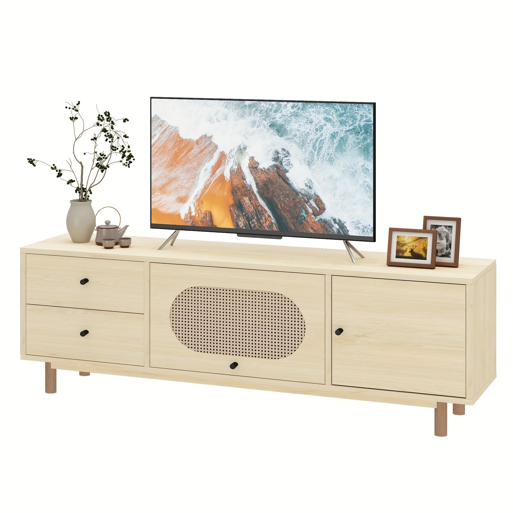 Spacious Boho Chic TV Stand with Rattan Door & 2 Drawers - Mid-Century Modern Wooden Media Center on Solid Oak Legs, Open Storage for TVs up to 65", Ideal for Living Room