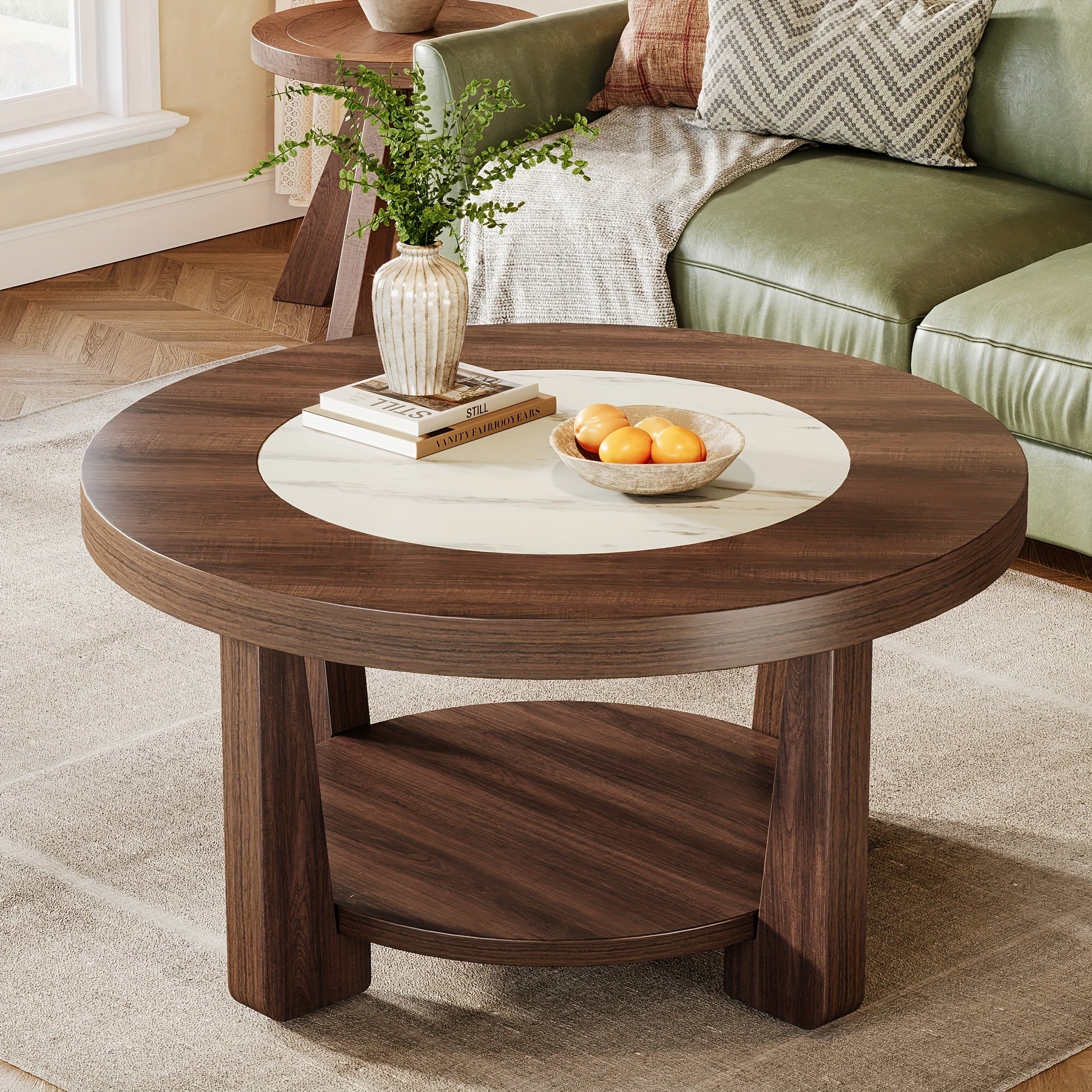 Vintage-Style 2-Tier Round Wood Coffee Table With Storage, Brown And White Accent Centerpiece For Living Room