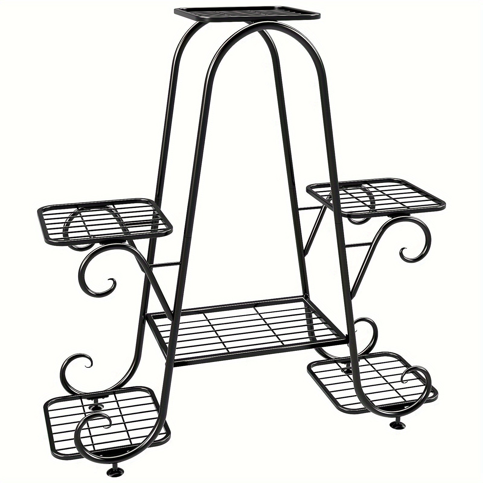 6-Tier Black Metal Plant Stand - Versatile Indoor/Outdoor Heavy Duty Iron Shelf, Decorative Curved Arms and Vines Design, Ideal for Patio, Living Room, or Corner Display, Artificial Plants for Home Decor