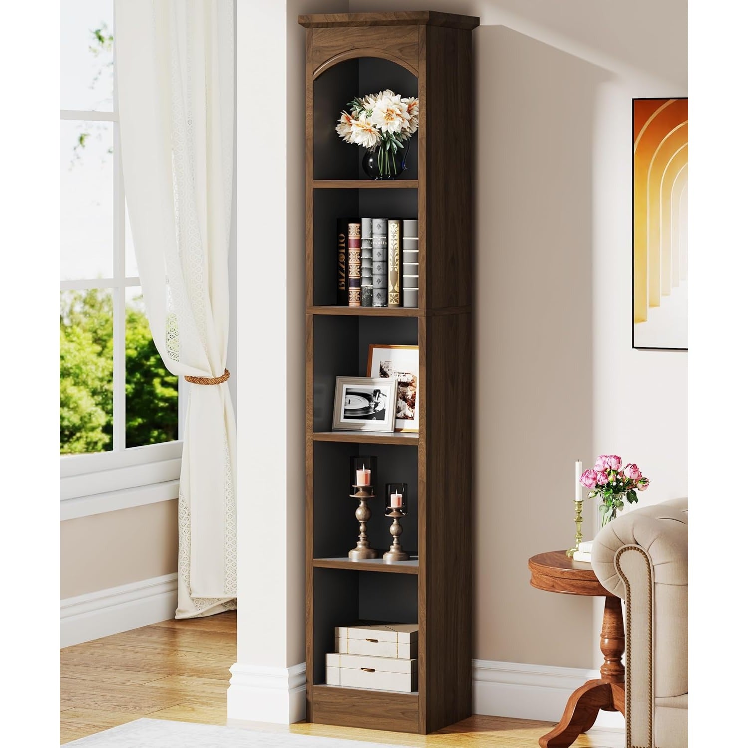 Tall Narrow Bookcase Multi-Tier Cube Bookshelf with Storage Modern Slim Corner Display Shelves for Home Office Living