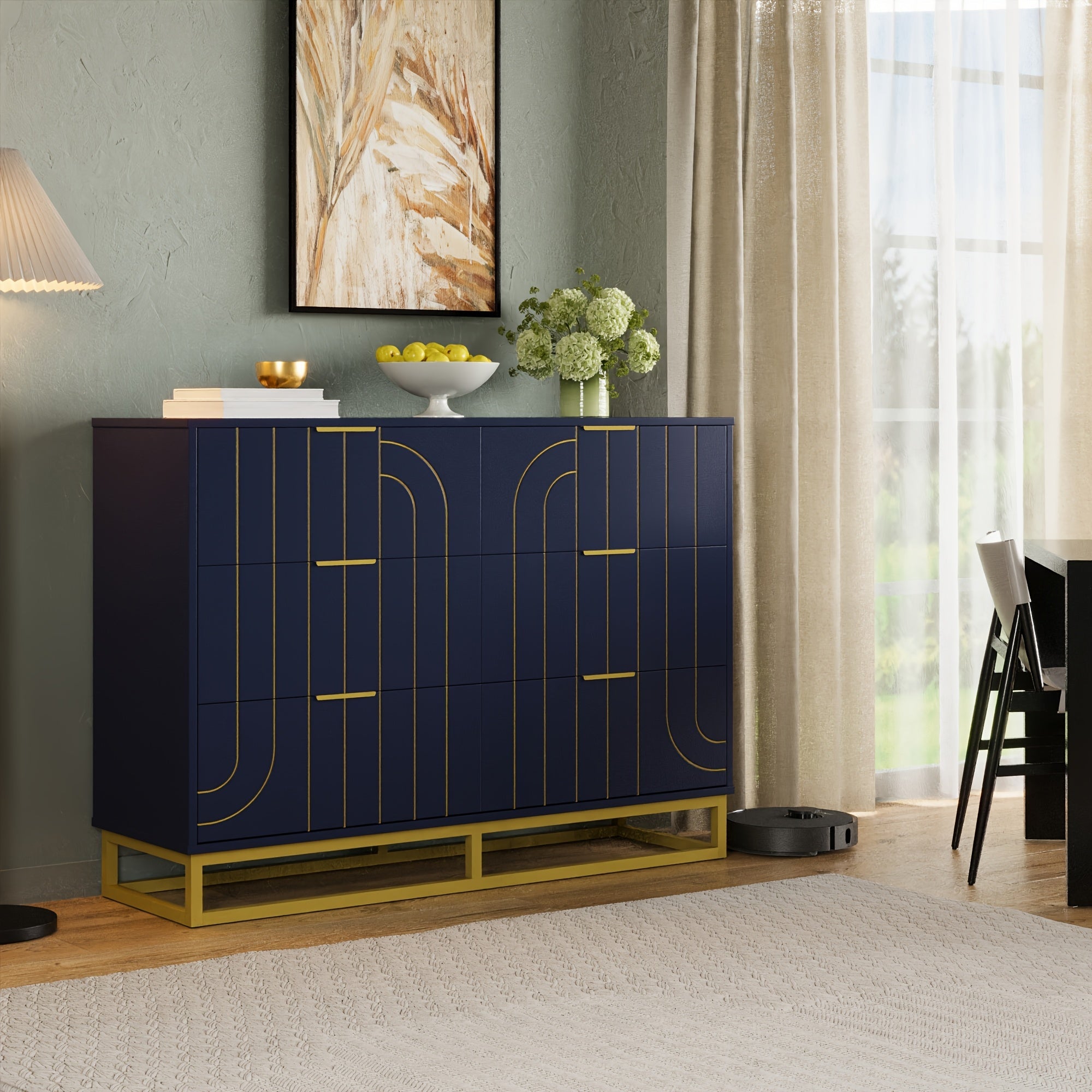 Elegant 48" Dark Blue & Golden Modern Wooden Dresser - Versatile File Storage Cabinet with 6 Drawers, Easy Assembly, Durable Construction for Bedroom, Living Room & Office - Ideal Housewarming Gift for Home Decor Enthusiasts,