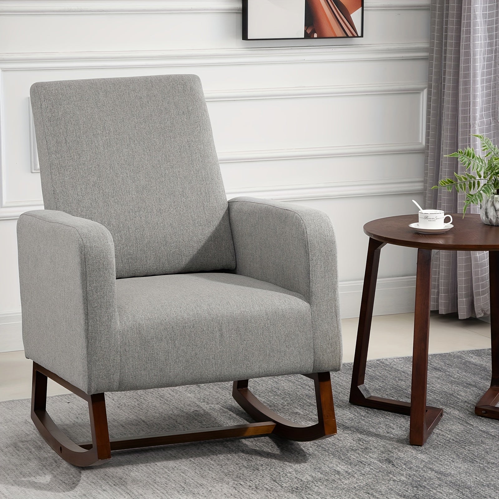 Accent Lounge Rocking Chair with Solid Curved Wood Base and Linen Padded Seat, Grey