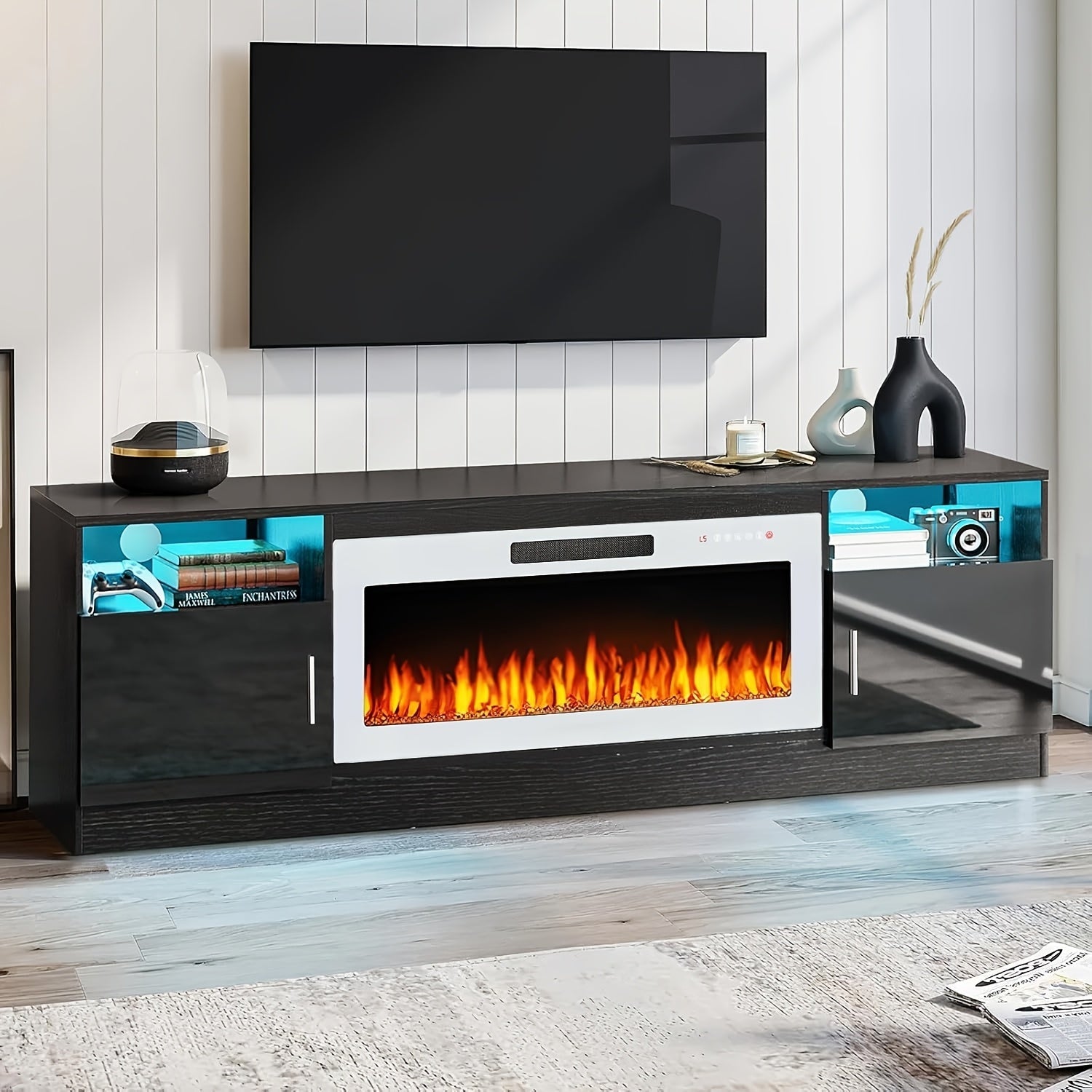 Modern 70" Entertainment Center with 36" Electric Fireplace - White TV Stand for Up to 80" TVs, LED Light Feature, Spacious Storage, US Plug, Ideal for Contemporary Living Room, TV Stand, Fireplace TV Stand