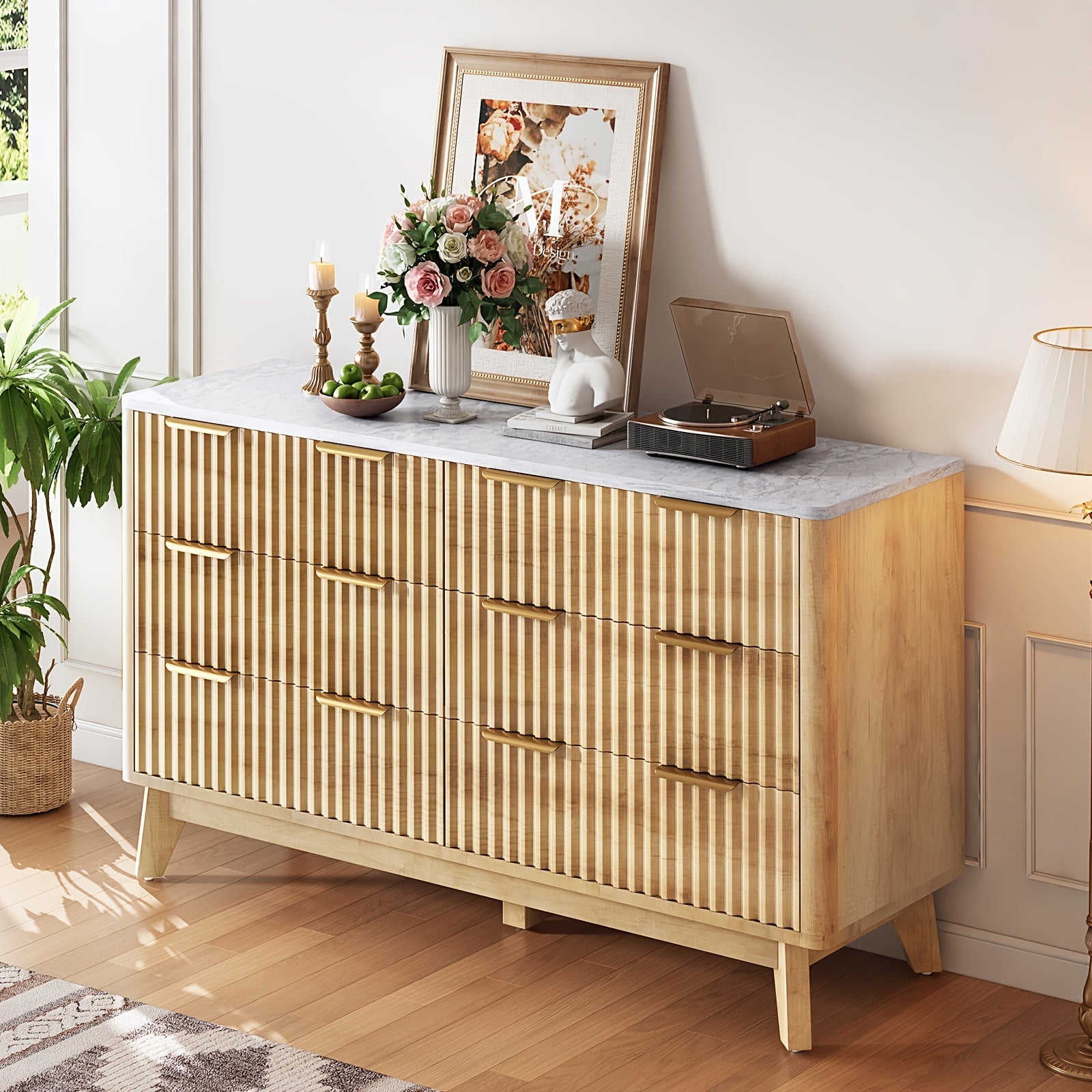 Fluted 6-Drawer Dresser With Imitation Marble Top, Wide Contemporary Dresser With Drawers, Wooden Chest, Drawer Organizer Suitable For Bedroom, Living Area, Hall, And Entrance