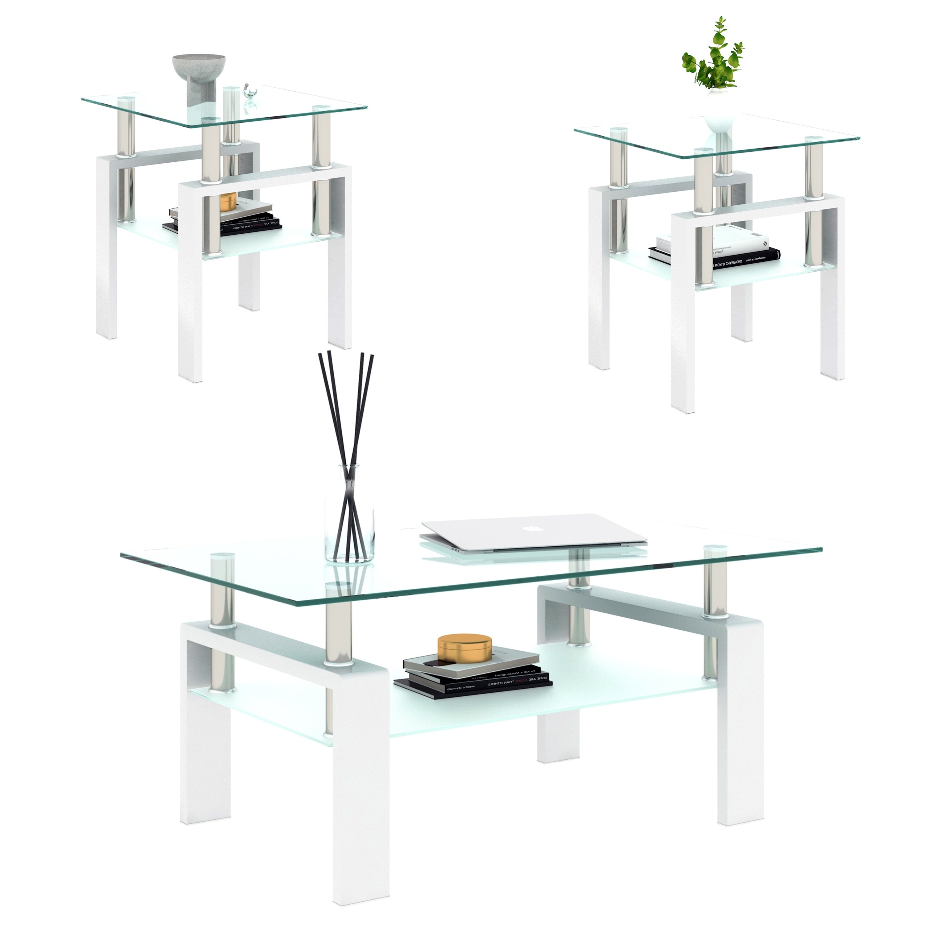 Glass Coffee Table Set Of 3, 3pcs Living Room Tables With Tempered Glass And Metal Frame, Coffee And End Table Sets