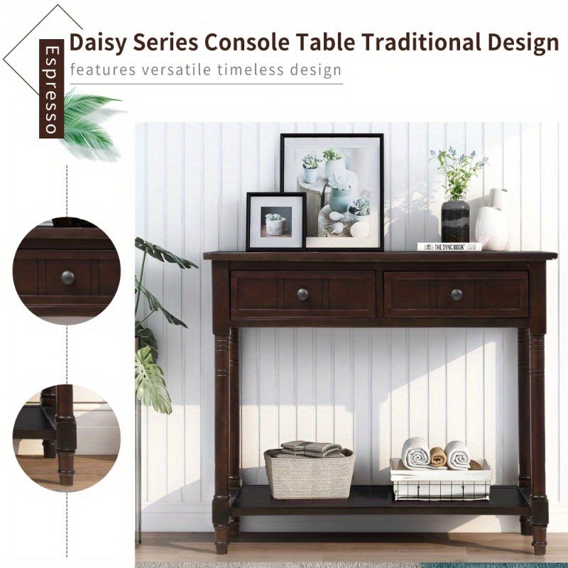 Modern Metal Console Table with Two Drawers and Bottom Shelf, Sturdy & Stylish Leg Base, No Wood, Elegant Space-Saving Solution, with Espresso Finish for Entryway, Living Room