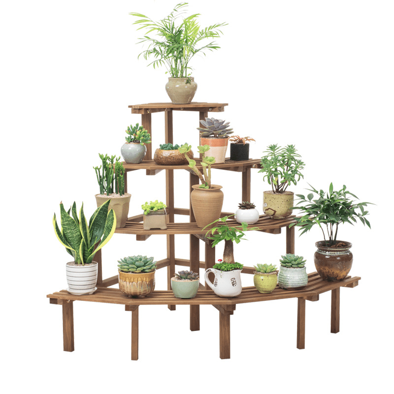 Multi-Tier Wooden Flower Stand for Balcony, Indoor and Outdoor Use - Floor-to-Ceiling Plant Rack with Storage Shelves, Irregular Shape