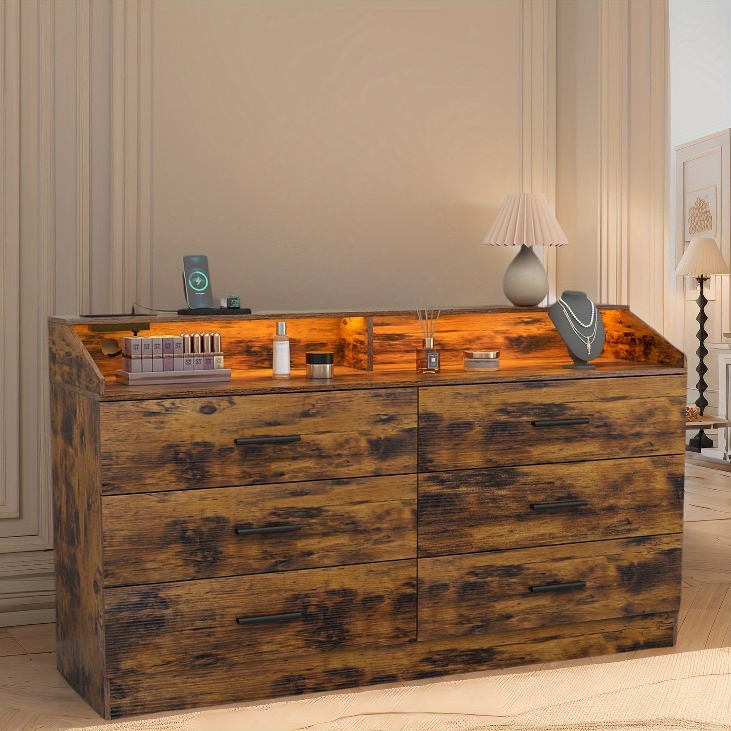 Spacious White LED-Lit Dresser with Power Outlet - 3-Drawer Nightstand & Storage Cabinet Durable MDF Construction Ample