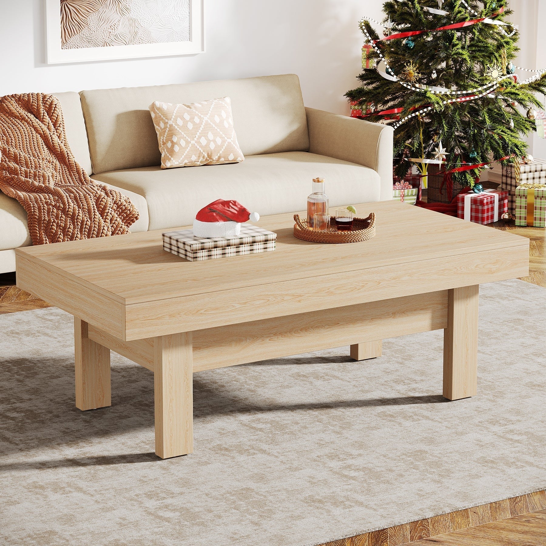 47 Inch coffee table, farmhouse center table cocktail tea table, it comes with four footrests and can support up to 300 pounds