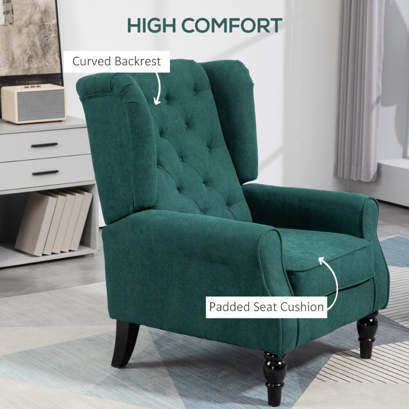 Button-Tufted Accent Chair with High Wingback, Rounded Cushioned Armrests and Thick Padded Seat, Dark Green