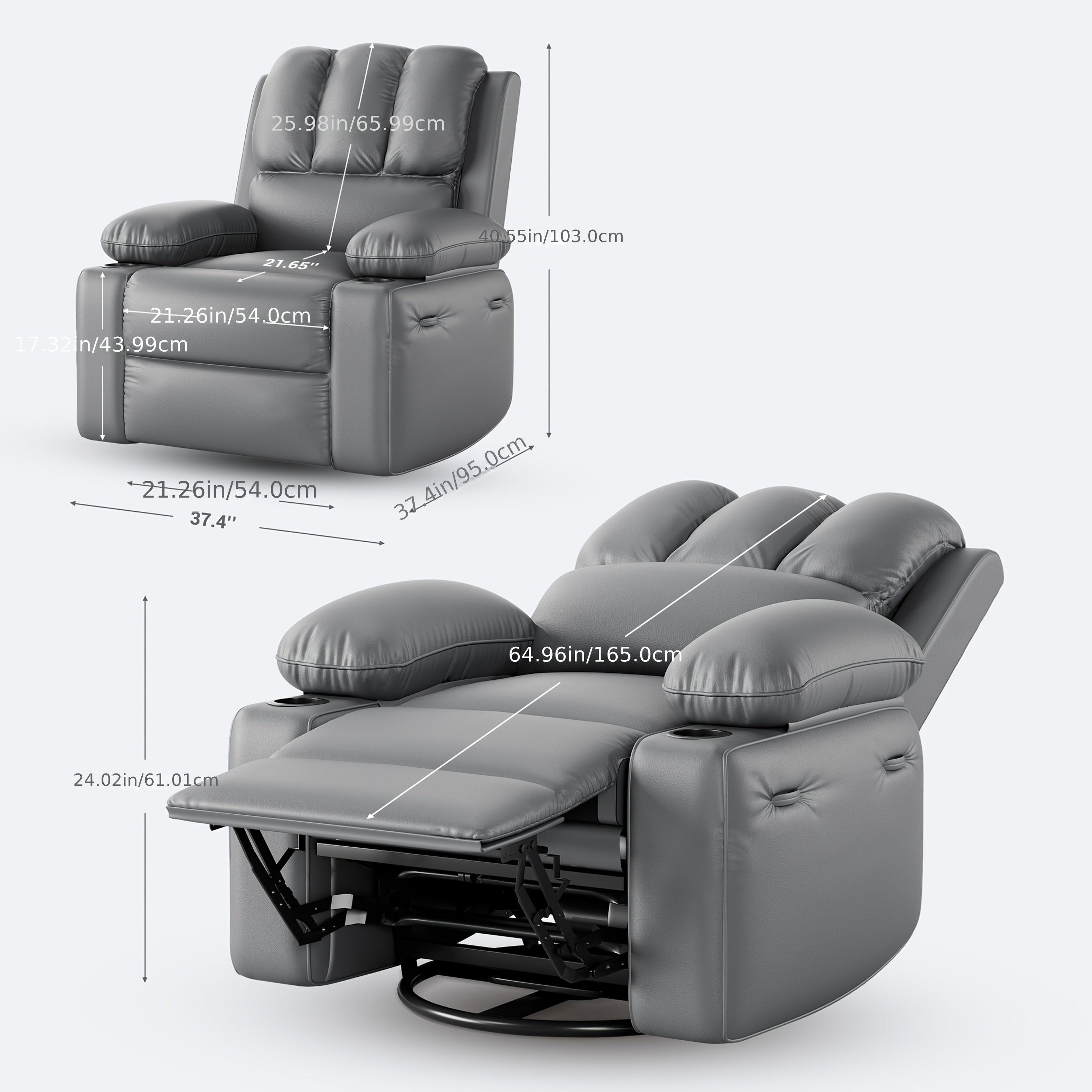 22'' Recliner Chair with Cup Holder - Easy Assembly, Retractable Armrests, Durable Faux Leather, Ideal for Living Room & Bedroom, Chair for Living Room