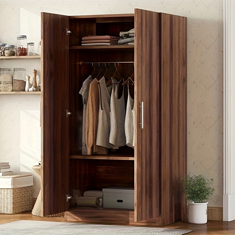 2-Door Wooden Wardrobe Armoire with 3 Storage Shelves, Brown