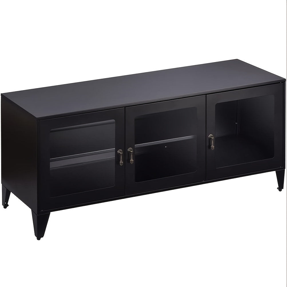 Metal TV Stand For TVs Up To 55inch, Black Entertainment Center For Living Room, Storage Cabinet With Acrylic Doors And Shelves, 3 Door