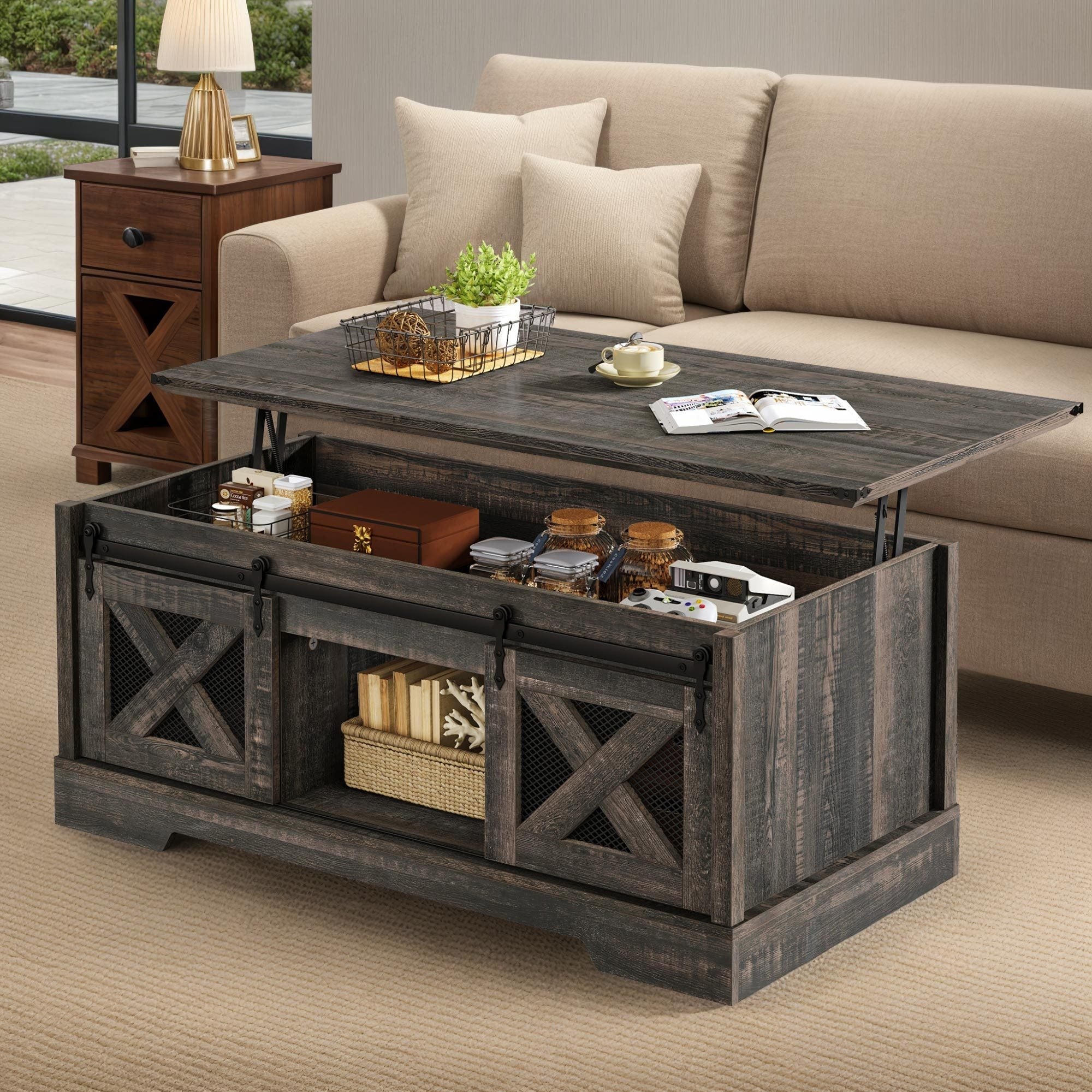 Rustic Oak Center Table with Lift- Top and Storage for Cozy Living Space Thanksgiving Christmas Day Gift - Black