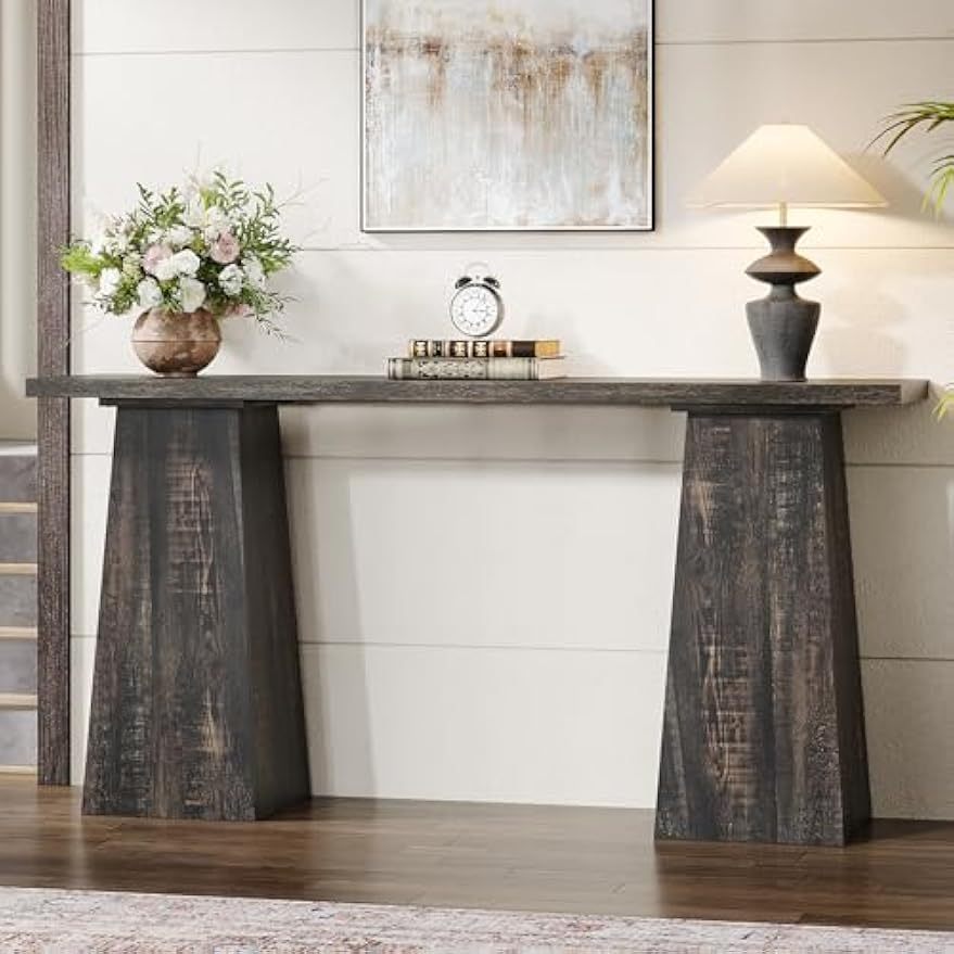 Rustic Console Table Wood Entryway Table for Living Room, 63 inch Narrow Sofa Table Farmhouse Vintage Couch Table Retro Hallway Accent Tables with Double Pedestal Base for Entrance, Ladder Racks, Storage and Organization