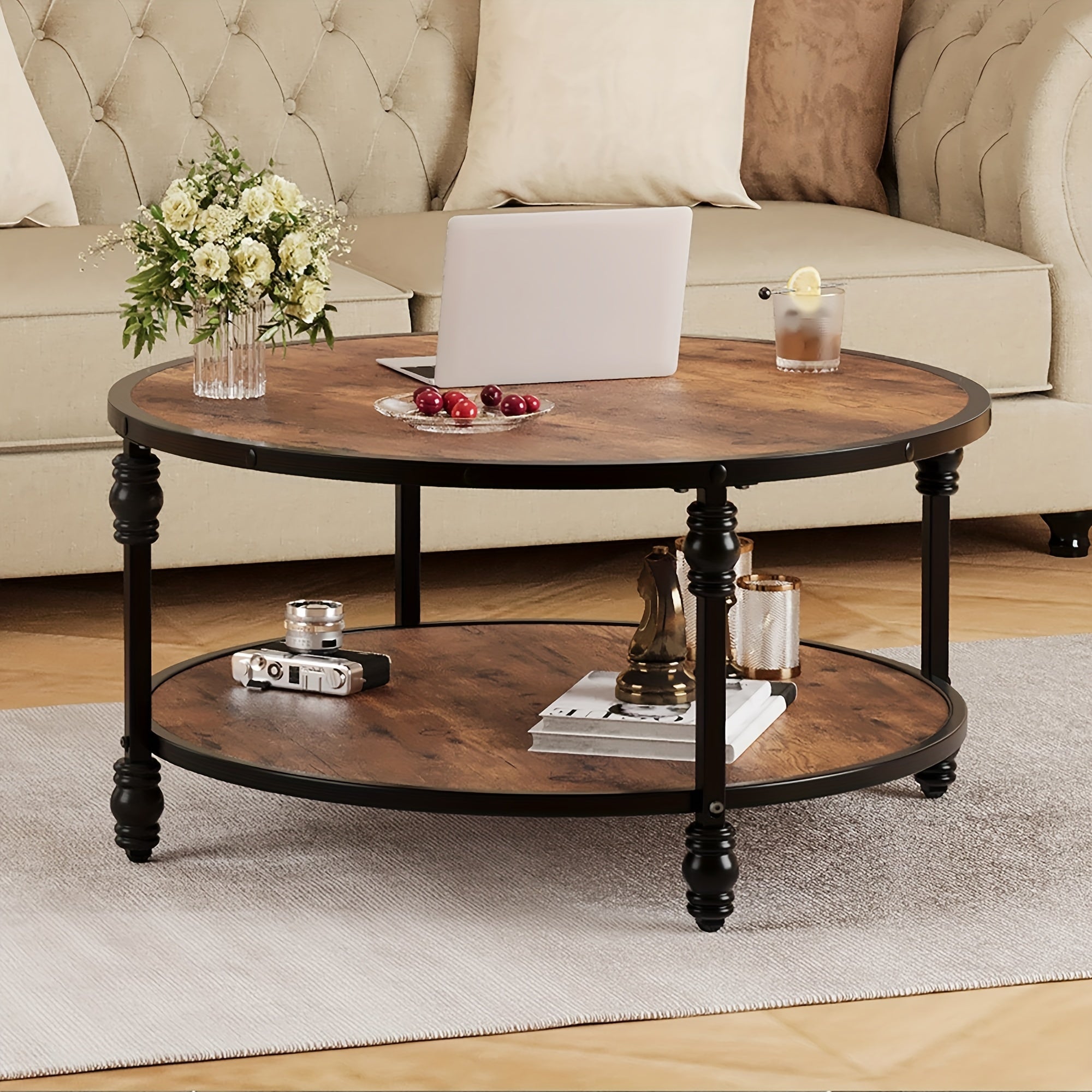 Round Coffee Table 34.25" Industrial Center Table with Storage Shelf 2-Tier Rustic Accent Center Table Wood Circle Coffee Table with Sturdy Metal Legs, Easy Assembly