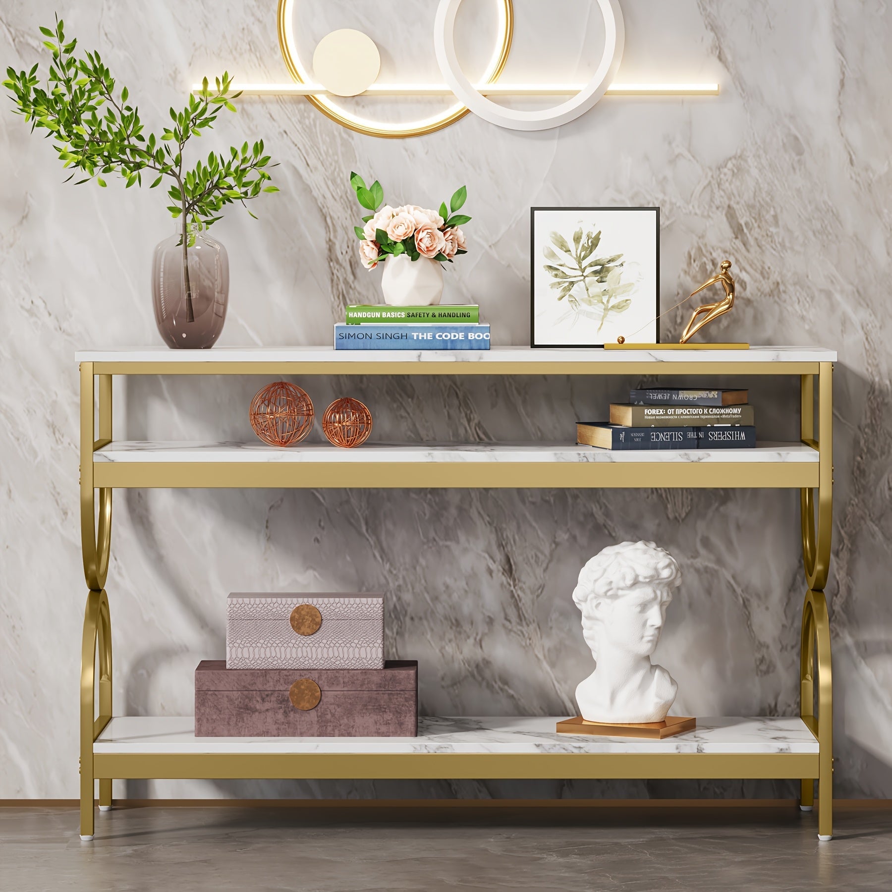 Elegant 55" White & Golden Console Table with Faux Marble Top - 3-Tier Open Storage Shelves, Sturdy Wood & Iron Construction, Ideal for Entryway, Living Room Decor, Table Decor