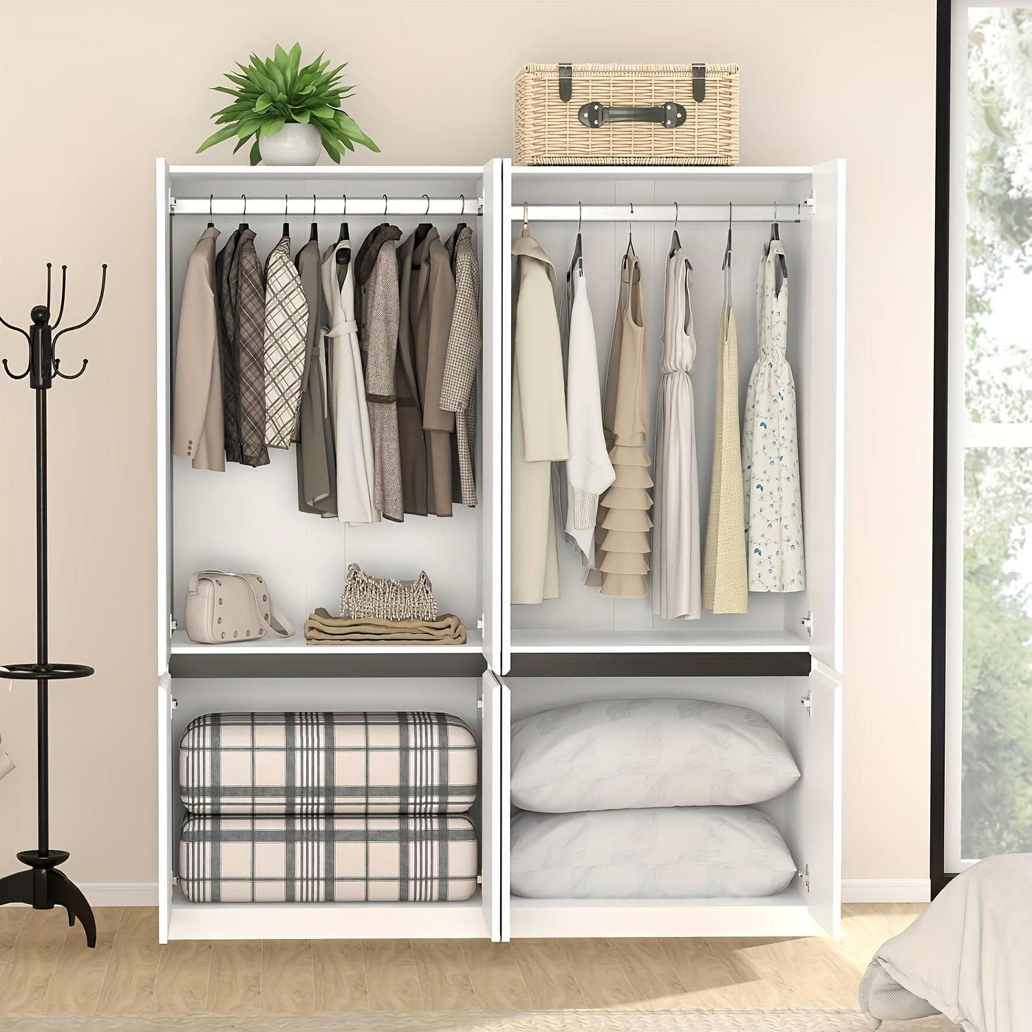 74’’H Wooden Armoire Wardrobe Closet - 4 Doors Closet Cabinet With Hanging Rod & Shelf For Bedroom Storage - White