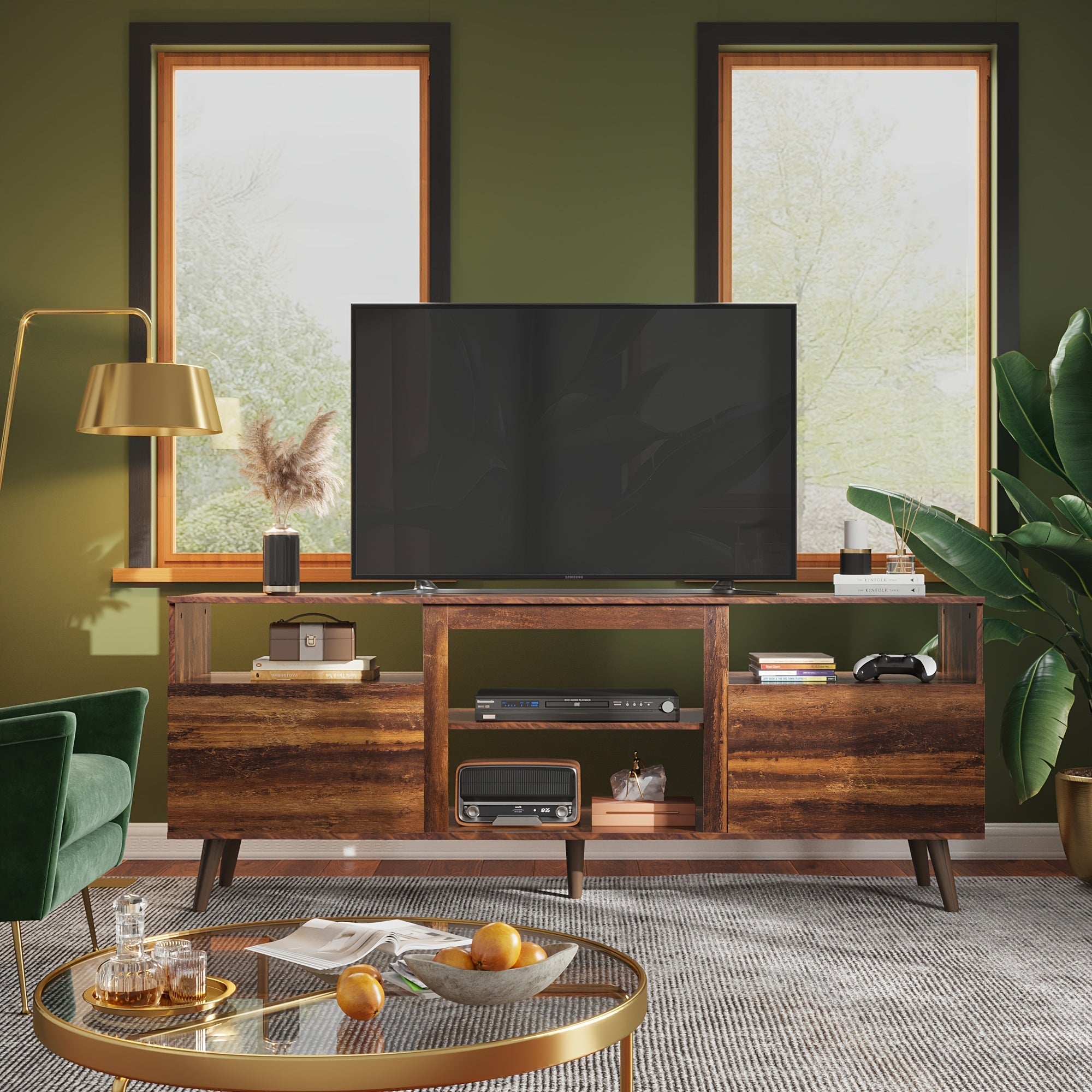 Mid-Century Modern TV Stand for 65" TV - Hardwood Console with Open Shelves, MDF & Particle Board Construction, Freestanding Entertainment Center for Living Room and Bedroom