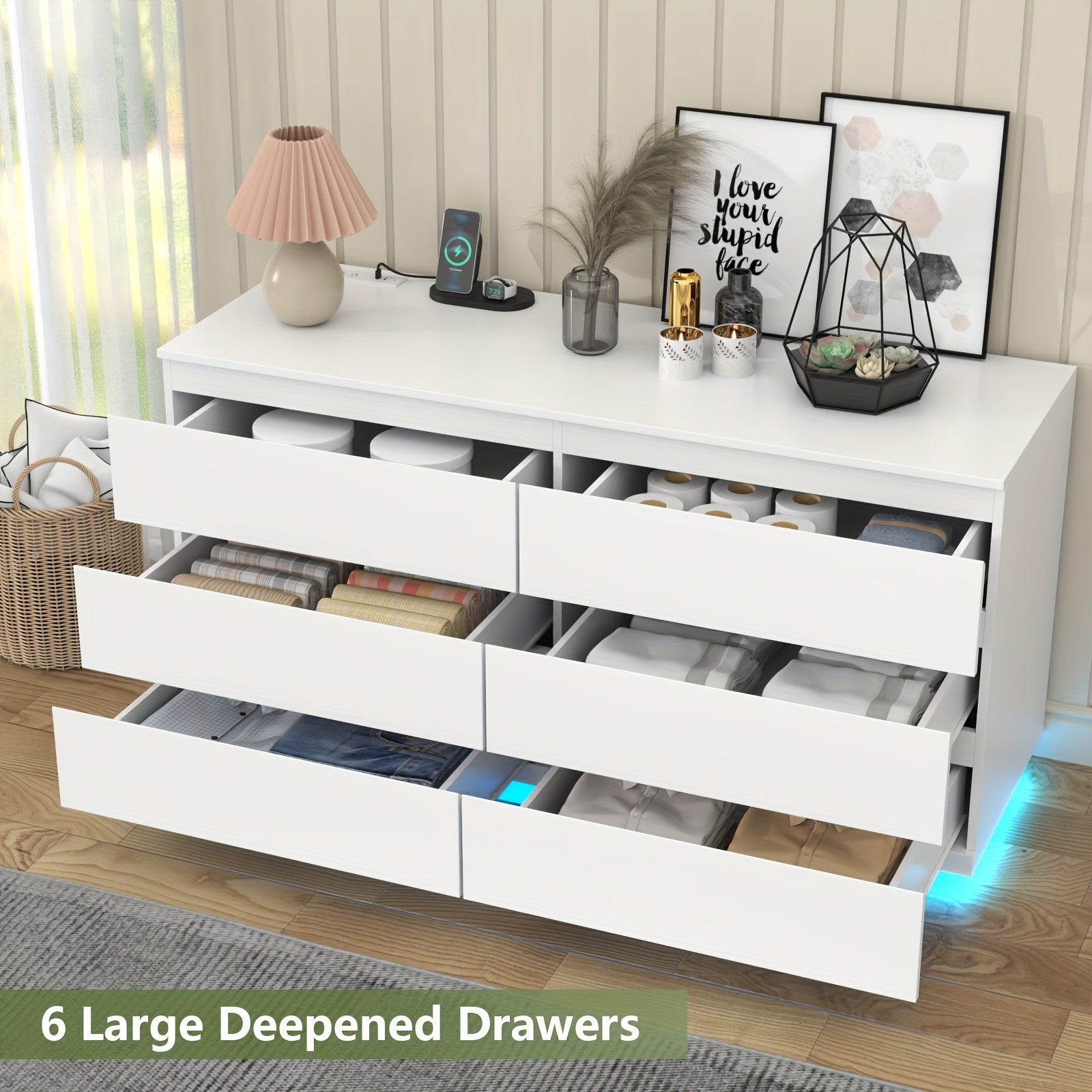 6 Drawer Dresser White Dresser with Power Outlet and LED Lights Floating Chest of Drawers for Living Room - Dresser