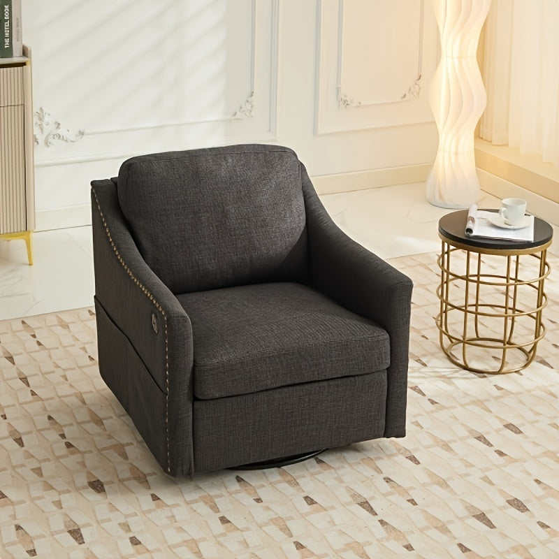 Dark Gray 360 Degree Swivel Armchair With USB And Magazine Book, Suitable For Living Room And Hotel Bedroom, Upholstered Armchair With Copper Nails