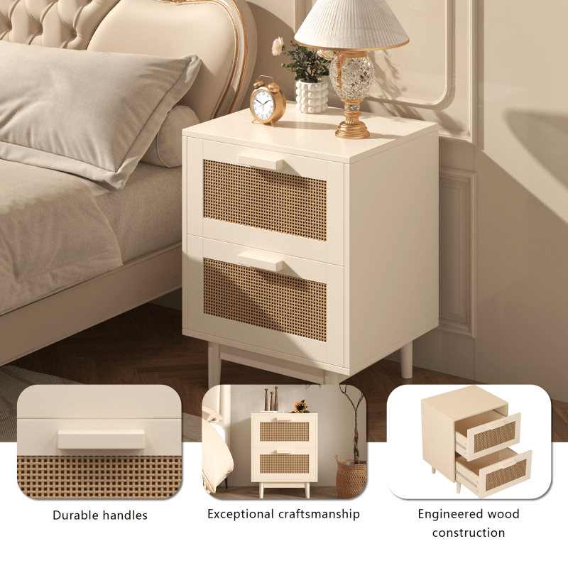 Chic Rattan-Style Wood Nightstand with 2 Faux Rattan Drawers - Spacious Bedside Storage Table in Natural Finish for Bedroom & Living Room, Durable MDF Construction, Easy Assembly, Bedroom Decor