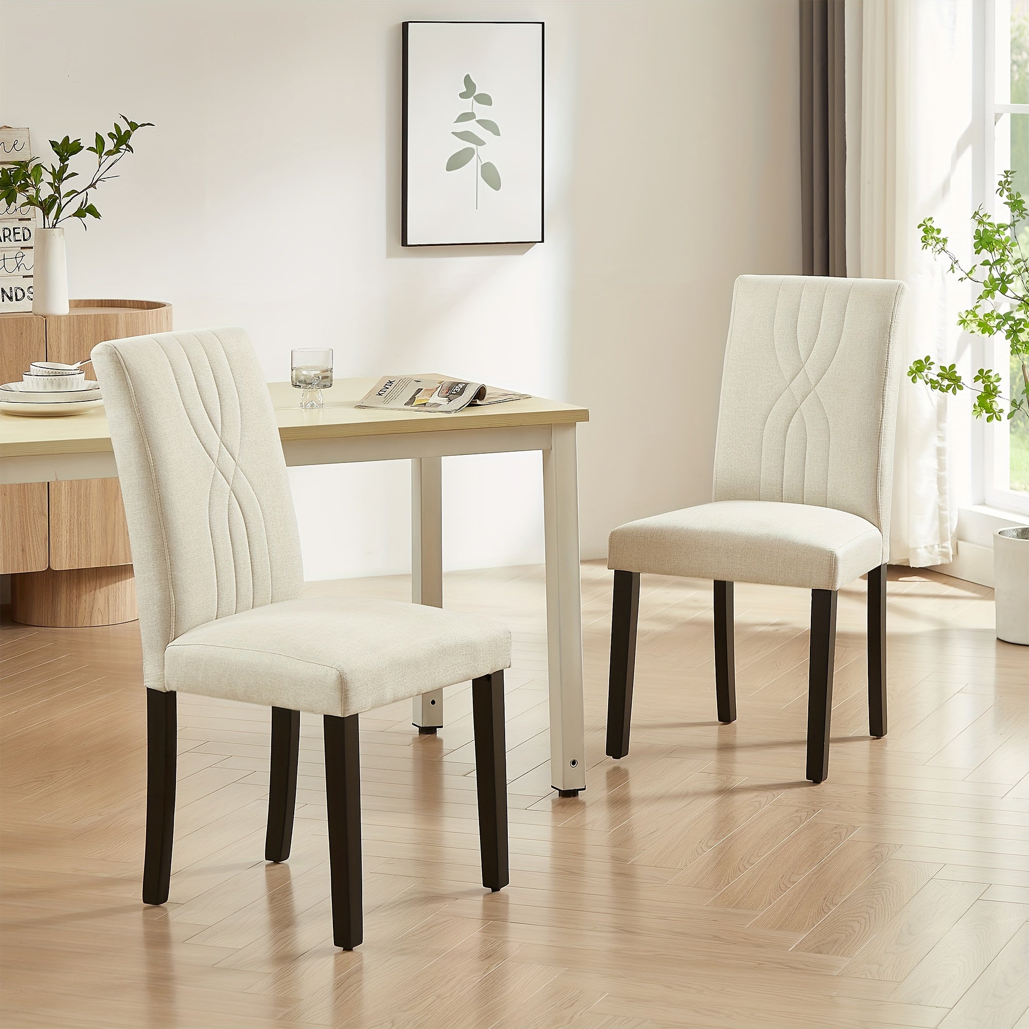 Set Of 2/4 Modern High Back Dining Chairs Fabric And Solid Wood Legs Chairs For Living Room, Dining Room, Beige