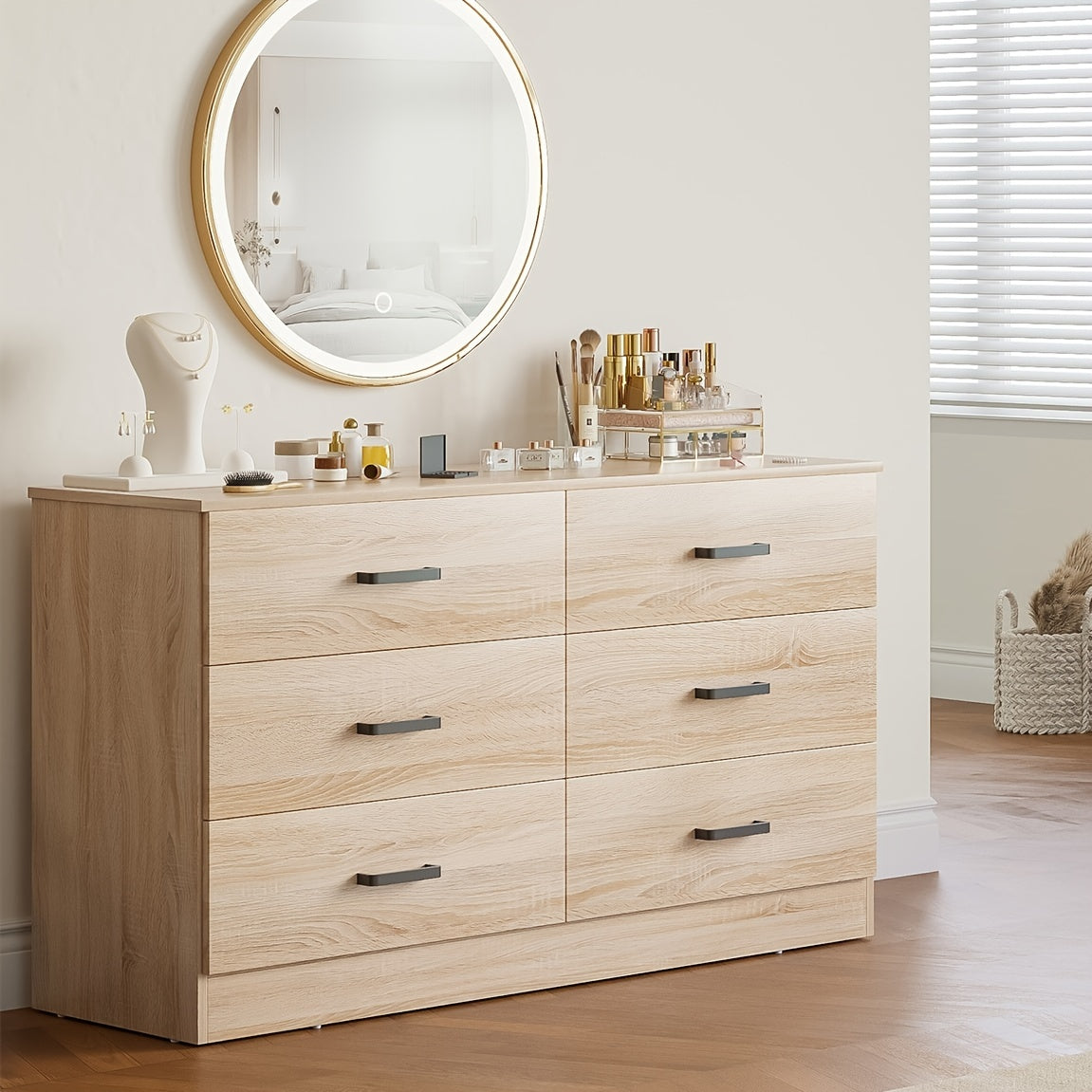 6 Drawer Dresser For Bedroom With Deep Drawers, Large Wood Dressers & Chest Of Drawers Handle Free, Modern Long Dressers For Closet Living Room