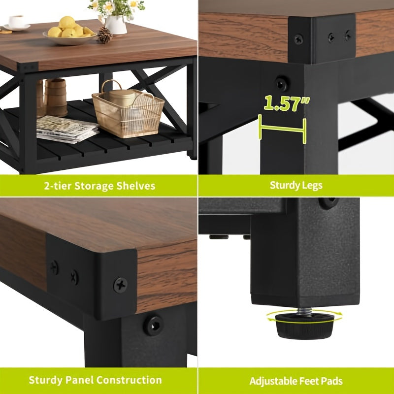 Farmhouse Square Coffee Table Wood Center Table End Table with Open Storage Shelf for Living Room Gray Wash - Walnut
