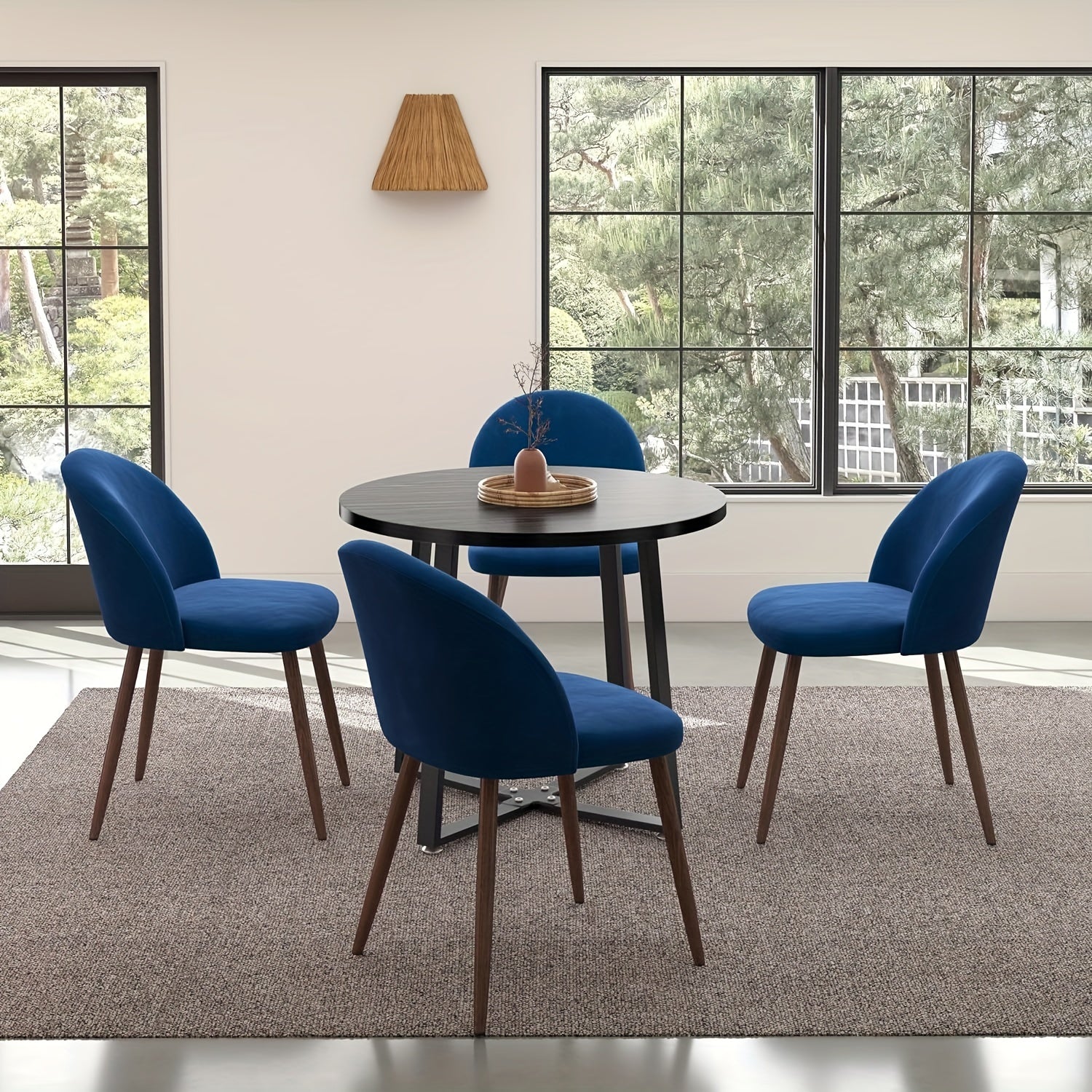 5-Pieces Modern 35'' Inch Brown Round Wooden Dining Table Set For 4 Comfortable Velvet Chairs, Space Saving Kitchen Furniture, Small Apartment Coffee Table Set