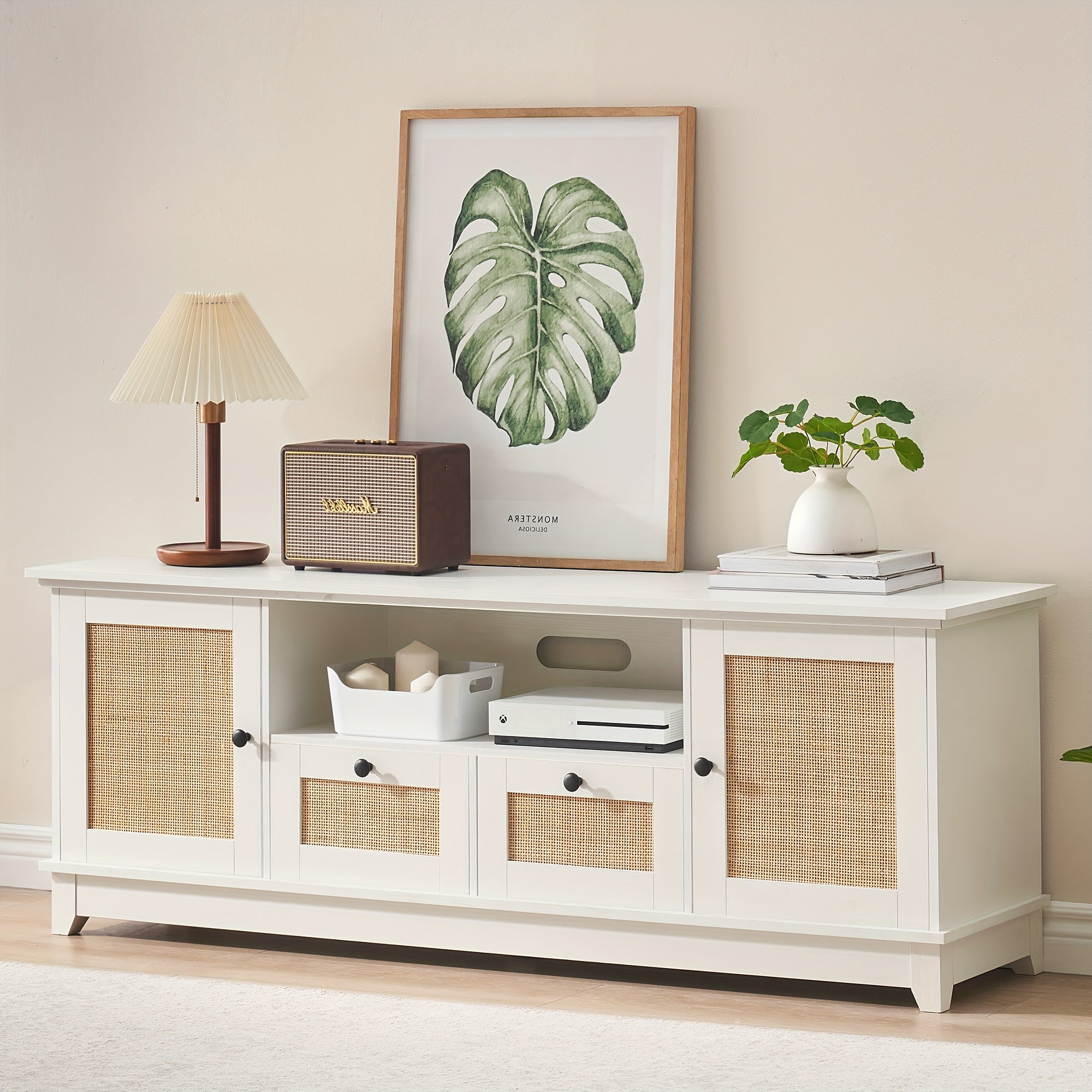 TV stand suitable for TVs over 65 inches, Rattan Entertainment Center TV Media Console Table, Modern TV stand with storage doors and mesh doors, Living Room TV Cabinet Furniture (White tabletop).