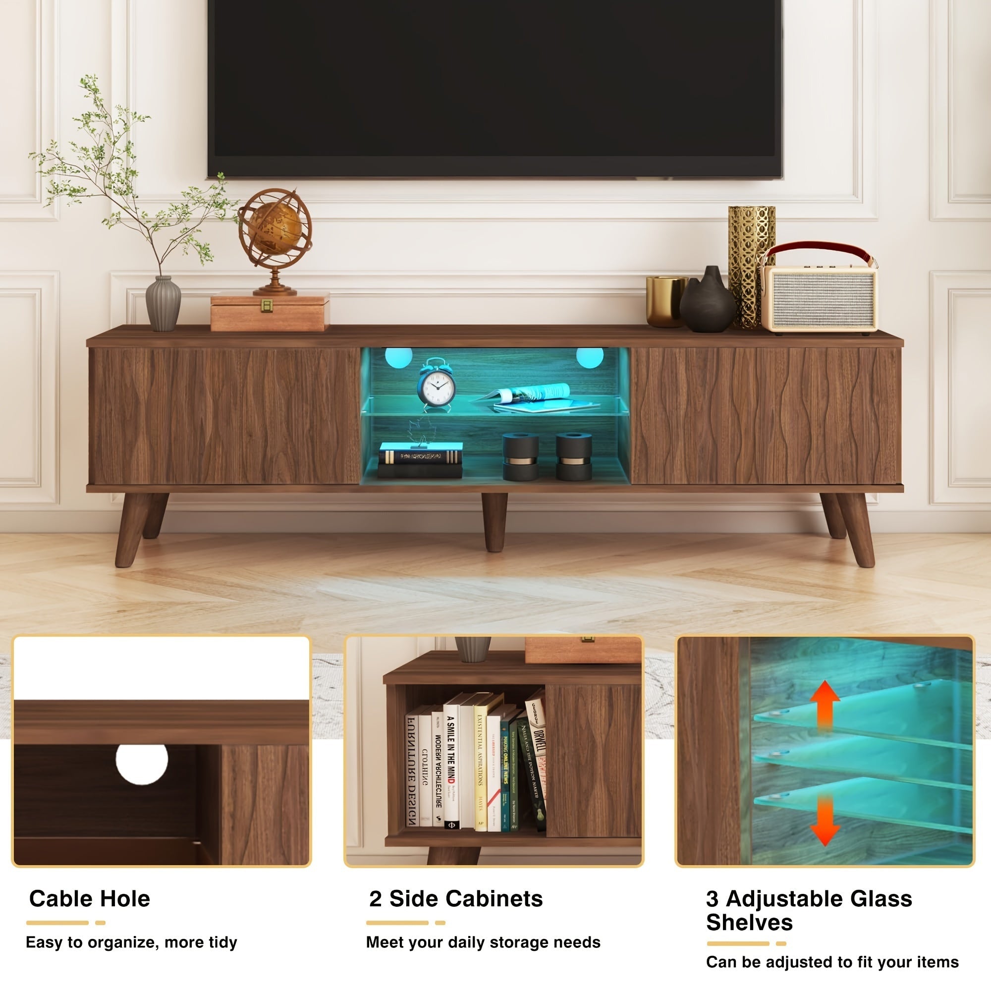 1pc Modern Walnut Finish TV Stand for Up to 70" Screens, Freestanding Hardwood & MDF Media Console with Sliding Door, Cabinet Design, Ample Storage, Easy Assembly, No Power Needed