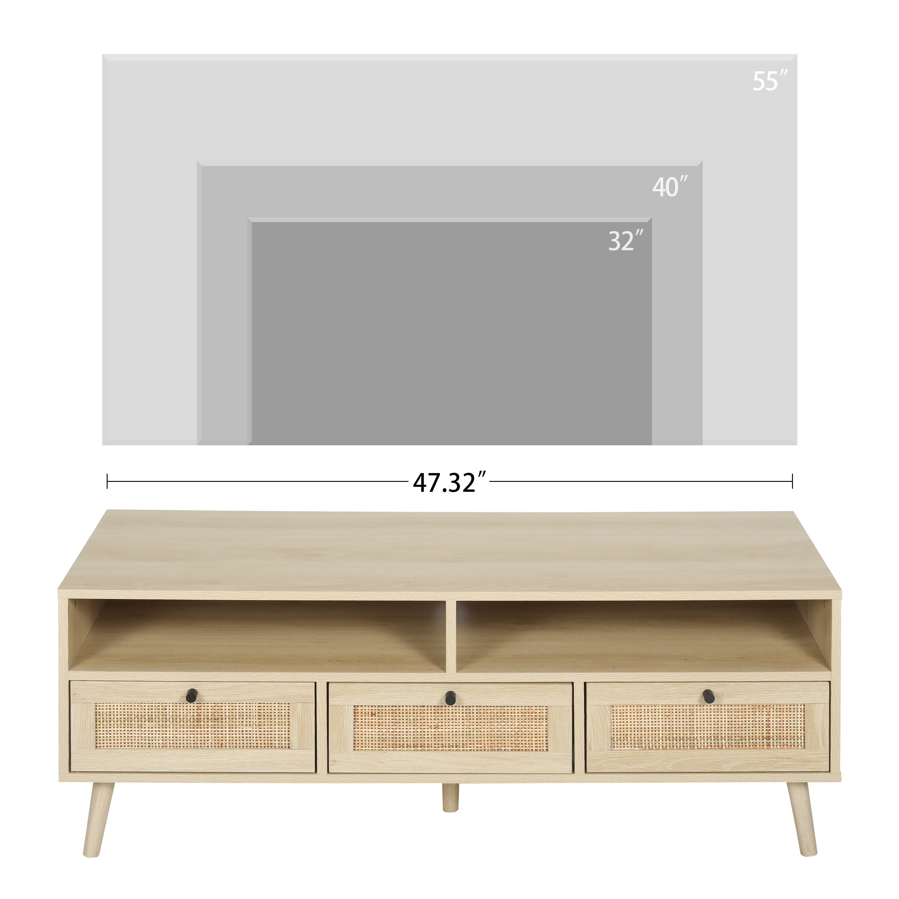 Rattan TV Stand with Solid Wood Feet, TV Console Table for Living Room