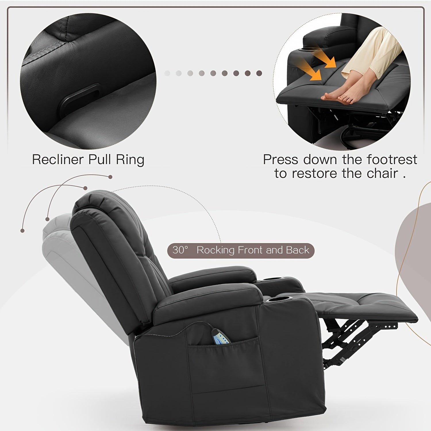 Massage Manual Recliner Chair With Heat, Leather Rocking Recliner Swivel Recliners Lazy Boy Recliner Chair W/ 2Side Pockages, 2 Cup Holders For Living Room, RV, Black