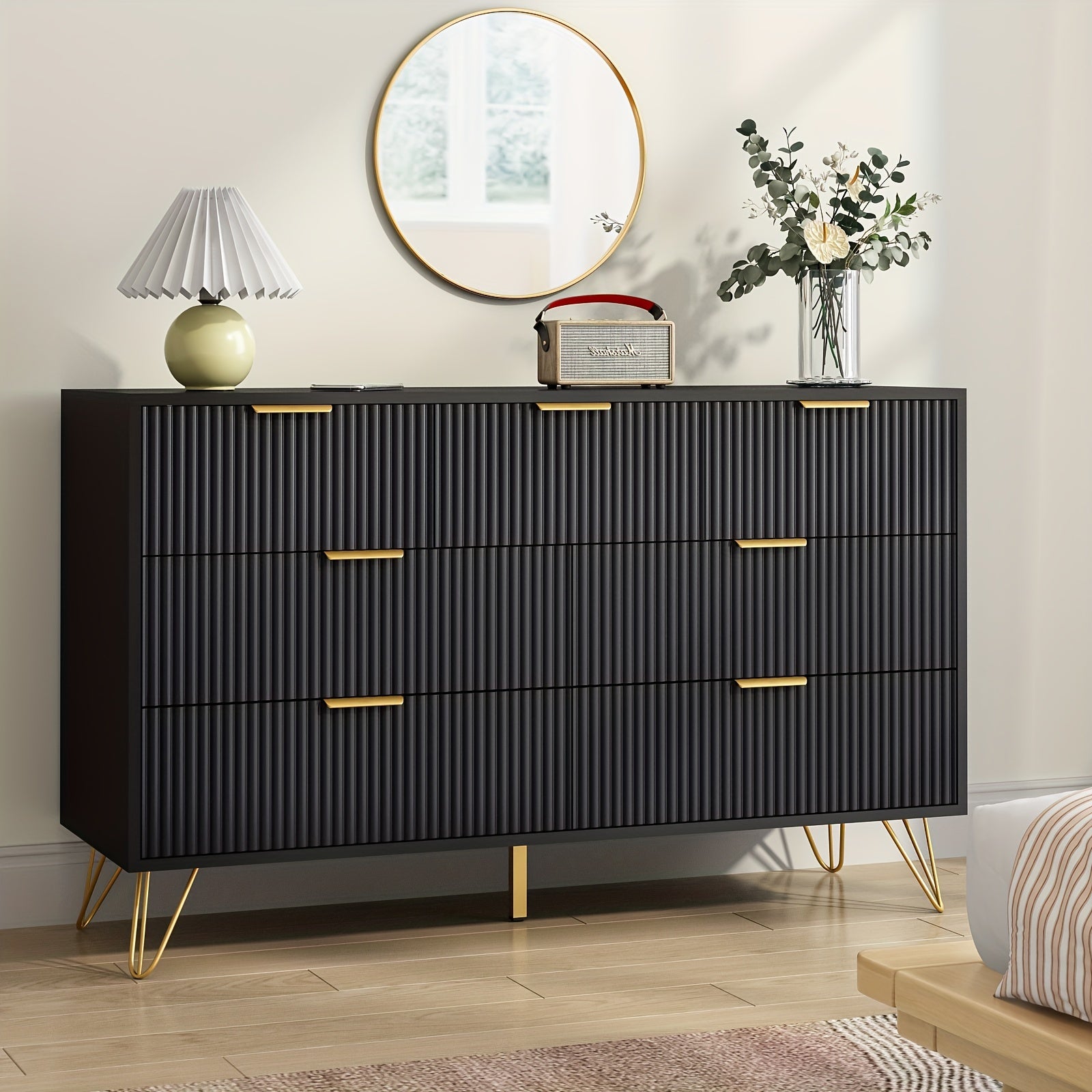 Modern Fluted Wood Dresser with Golden Handle 7 Drawers - White Storage Organizer for Bedroom Living Room Hallway
