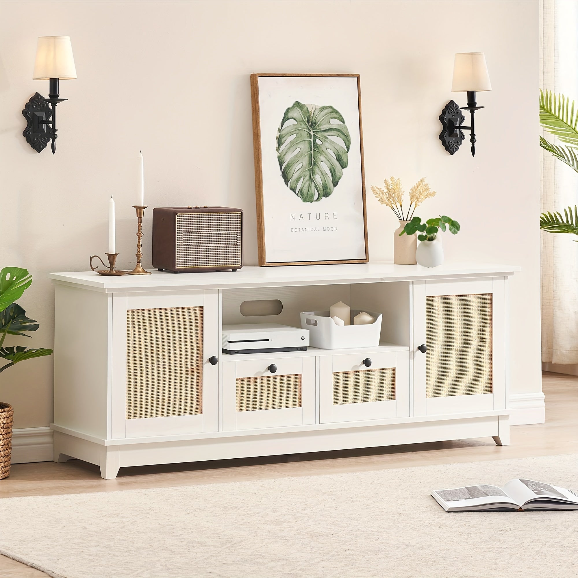 White Rattan TV Stand For 65 Inch TV, Modern Console Table With Storage For Living Room, Entertainment Center Cabinet 63 X 16 X 23 Inches, Mid Century Modern Wood TV Stand