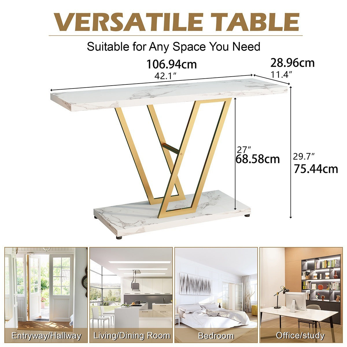 Console Table: 42-Inch Industrial Entryway Table for Living Room - Narrow Sofa Table with Sturdy Metal Frame, Easy Assembly in Elegant Golden/ White - Perfect for Holiday Decor and Creating a Warm, Welcoming Entrance This Sea