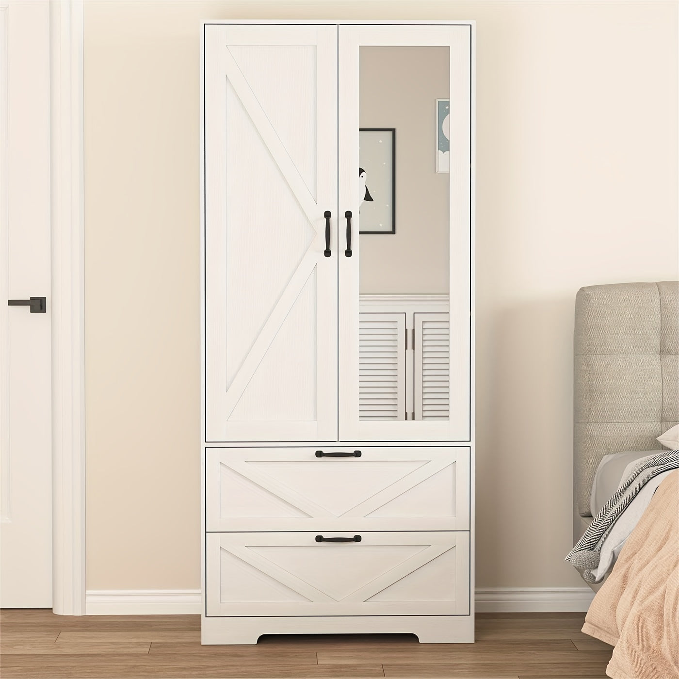 2 Door Wardrobe Closet With Mirror And LED Lights Farmhouse Bedroom Armoire With Drawers And Shelves Modern Wooden