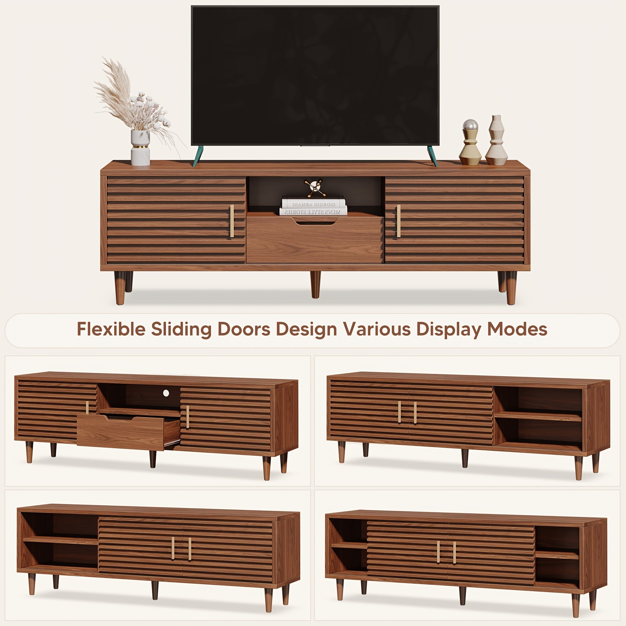 1pc Mid Century Modern Farmhouse TV Stand for 55/60/65 Inch TV - Entertainment Center with Storage, No Assembly Required, Faux Wood Material, Freestanding Media Console for Living Room