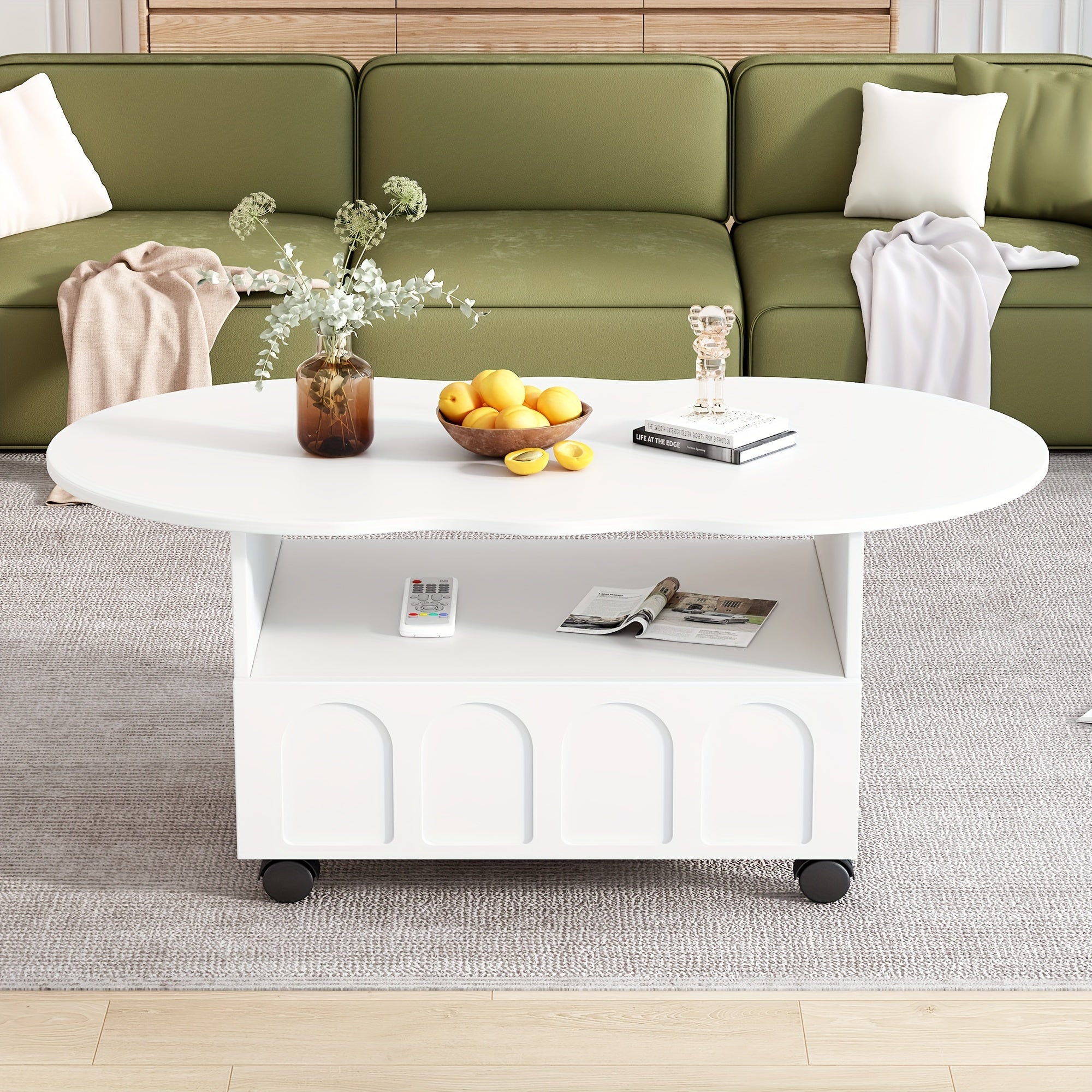 Flexible Cream Style Coffee Table With 2 Brake Wheels, Cloud Top Side Table With Drawer, Irregular Center Table With Large Storage For Living Room, White, 39.37''x 23.6''