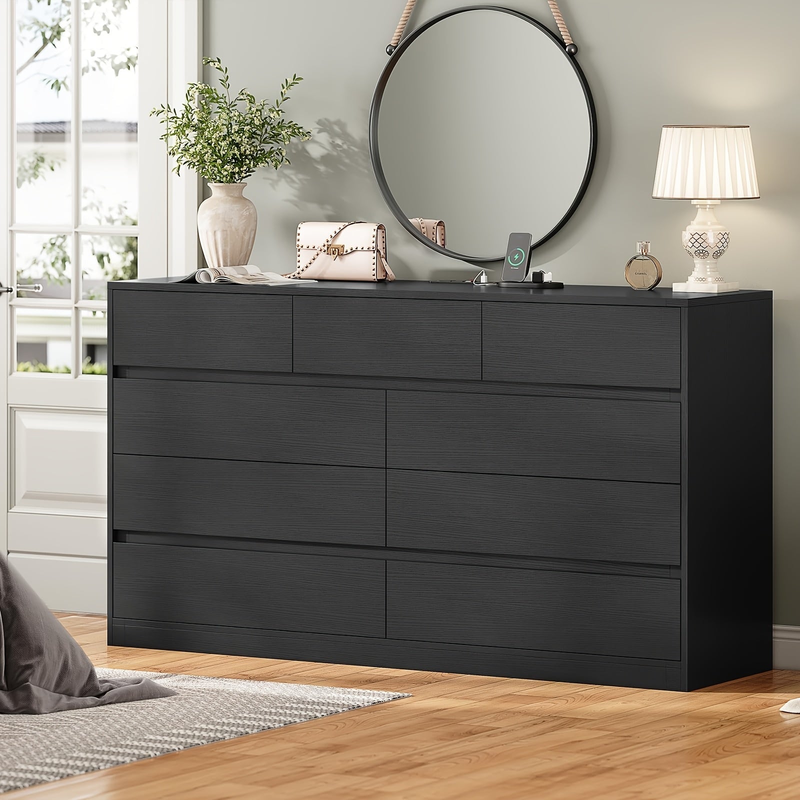 Black Vanity Dresser For Bedroom, 55.1" Long Dresser With 9 Drawers, Dressers & Chest Of Drawers, Handle Free Drawers For Bedroom Living Room, Black